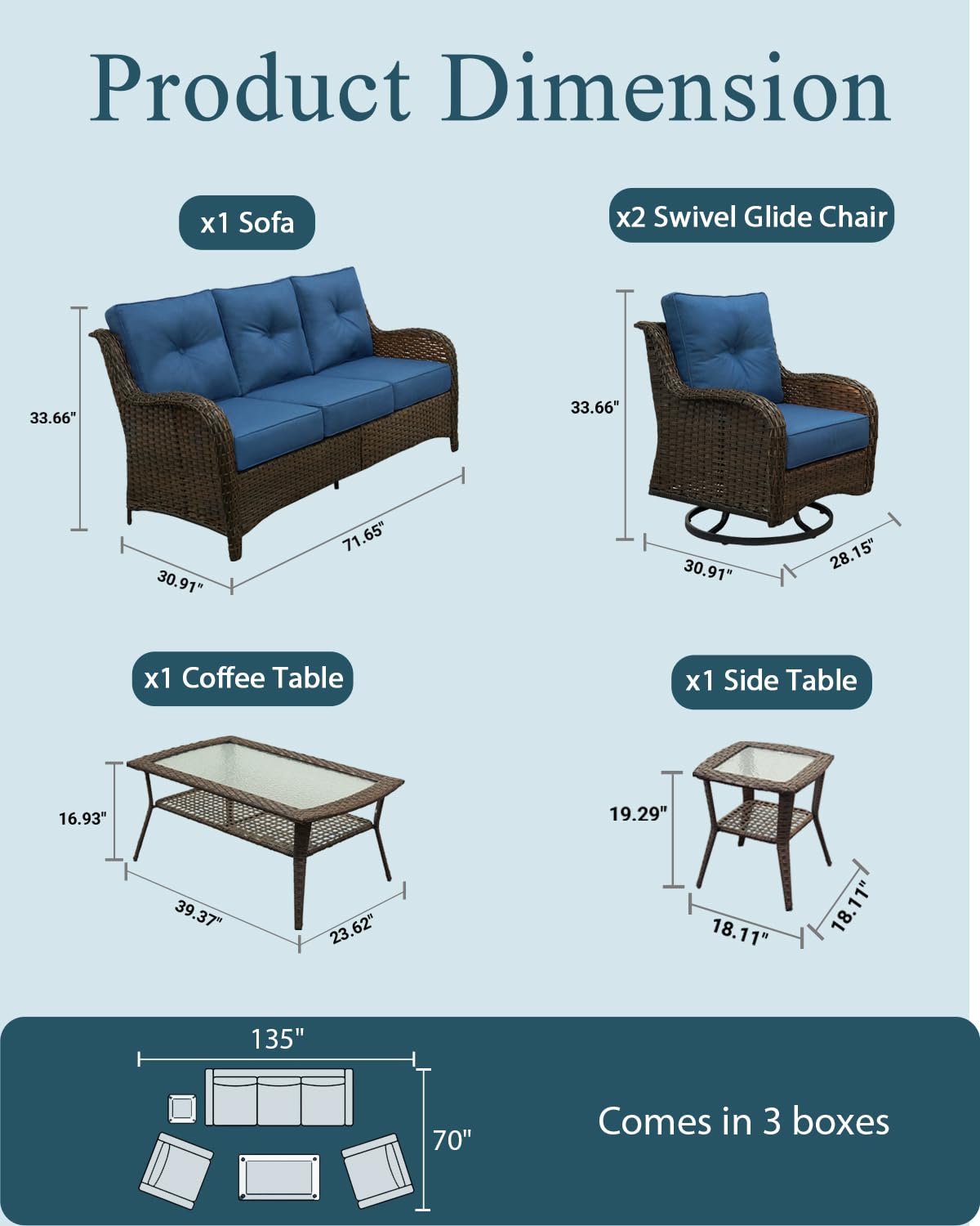 ADRERIC Luxury Patio Conversation Set, 5-Piece Ergonomic High Back Wicker Sofa&Swivel Chair Set with 6-Inch Deep Seating Cushions, Large Patio Furniture Set for Garden, Deck & Balcony, Navy Blue