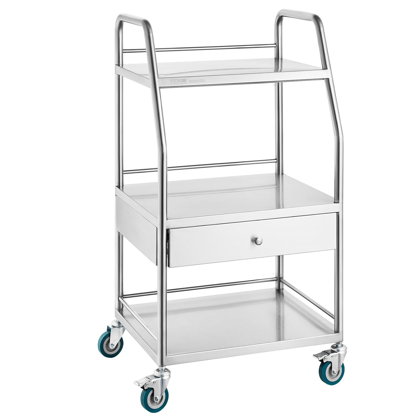 VEVOR Stainless Steel Utility Cart with 3 Shelves & 1 Drawer, 360 Swivel Casters, 220lbs Capacity