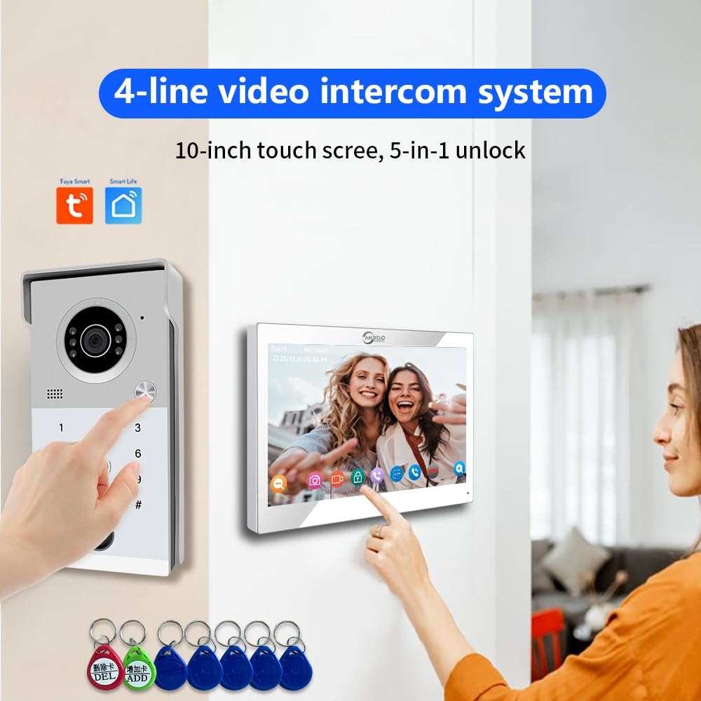 ANJIELO SMART 4 Wire Black Video Door Intercom System,7inch WiFi Monitor,Multiple Doorbells and Multiple Camera,Bell System with Door Opener (1 Bell+1 Black Monitor)