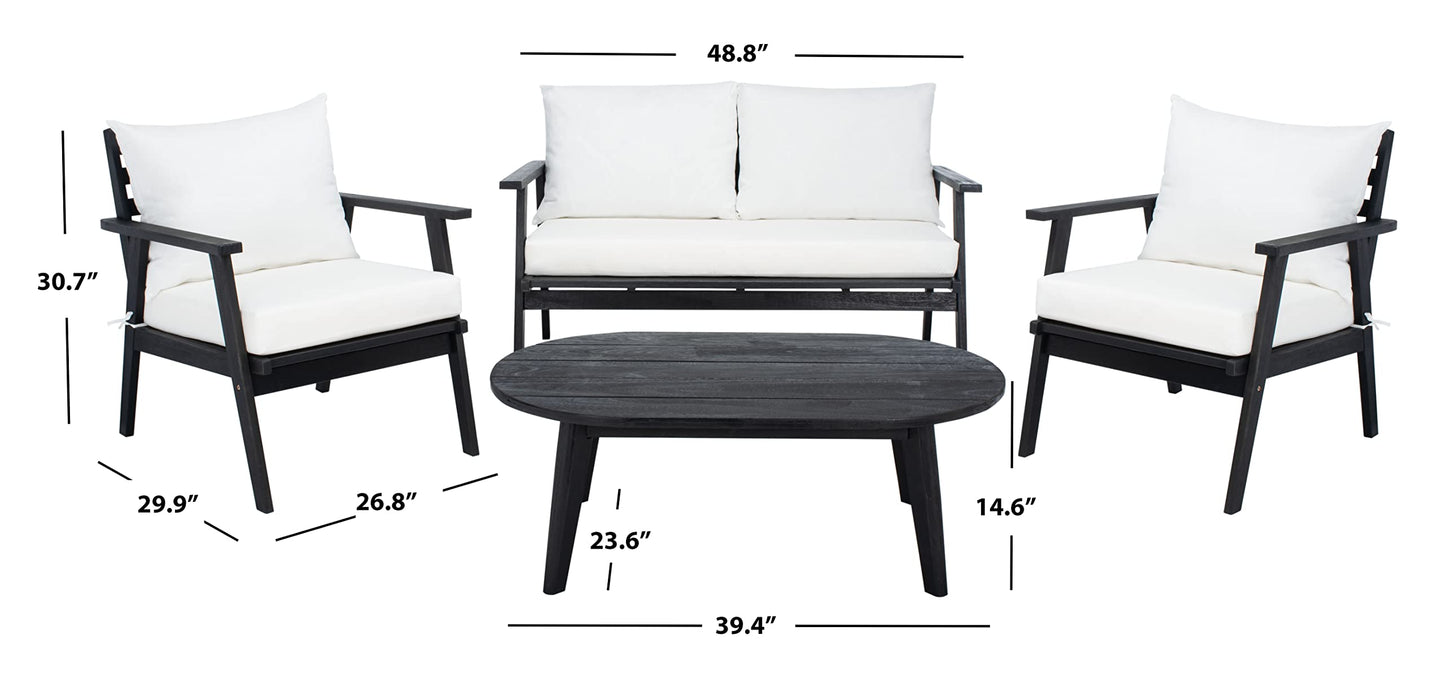 SAFAVIEH Outdoor - Deacon 4-Piece Conversation Set - Black & Beige - Solid Wood - Coastal Slatted Design with Cushions - Ideal for Patio, Deck, Porch, Backyard (PAT7050G)