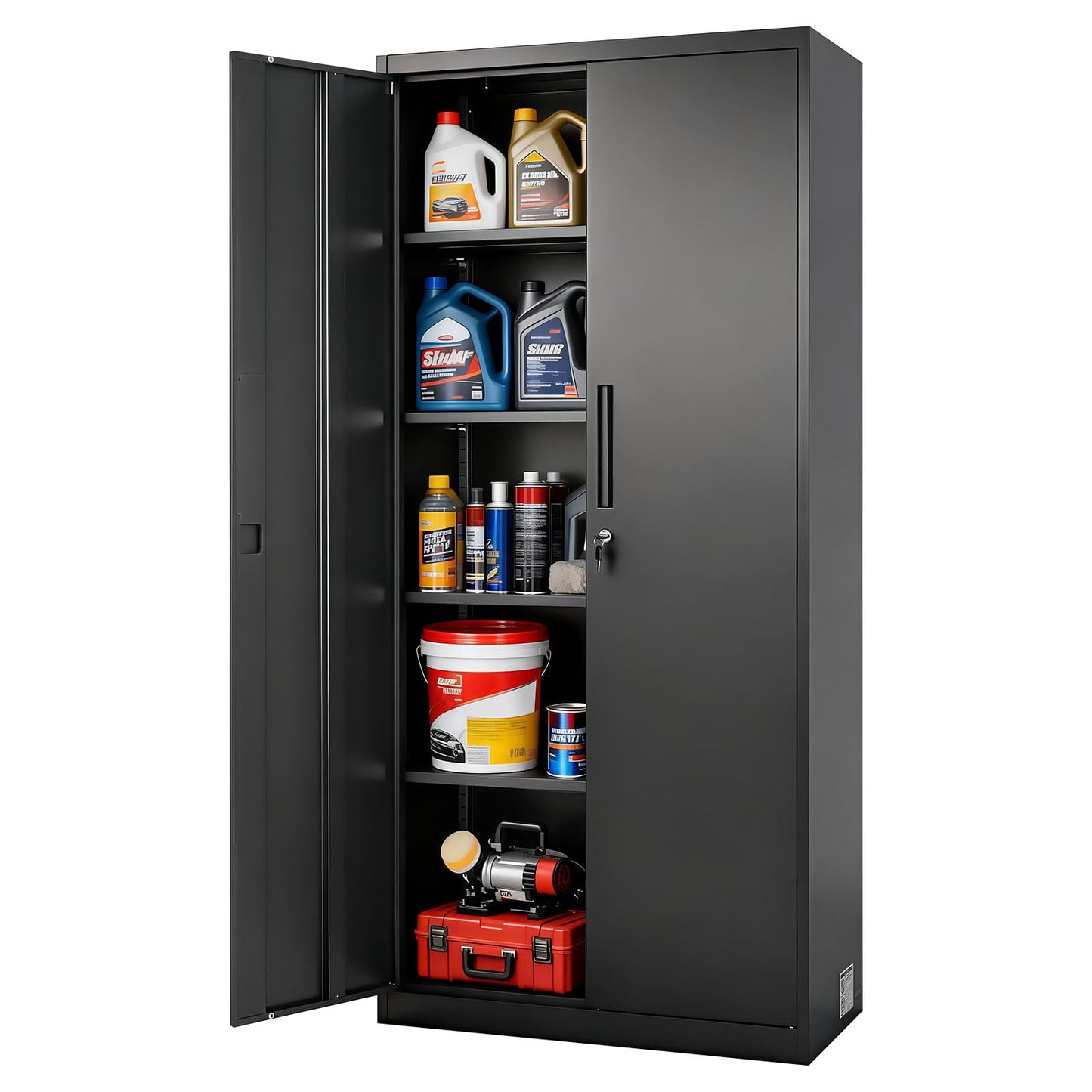 VEVOR Metal Storage Cabinet, Lockable Steel Garage Cabinet with Magnetic Doors and Adjustable Shelves, 2 Keys, 5-Tiers Tall Tool Locker for Home, Office, School, Pantry, Warehouse, Laundry, Black
