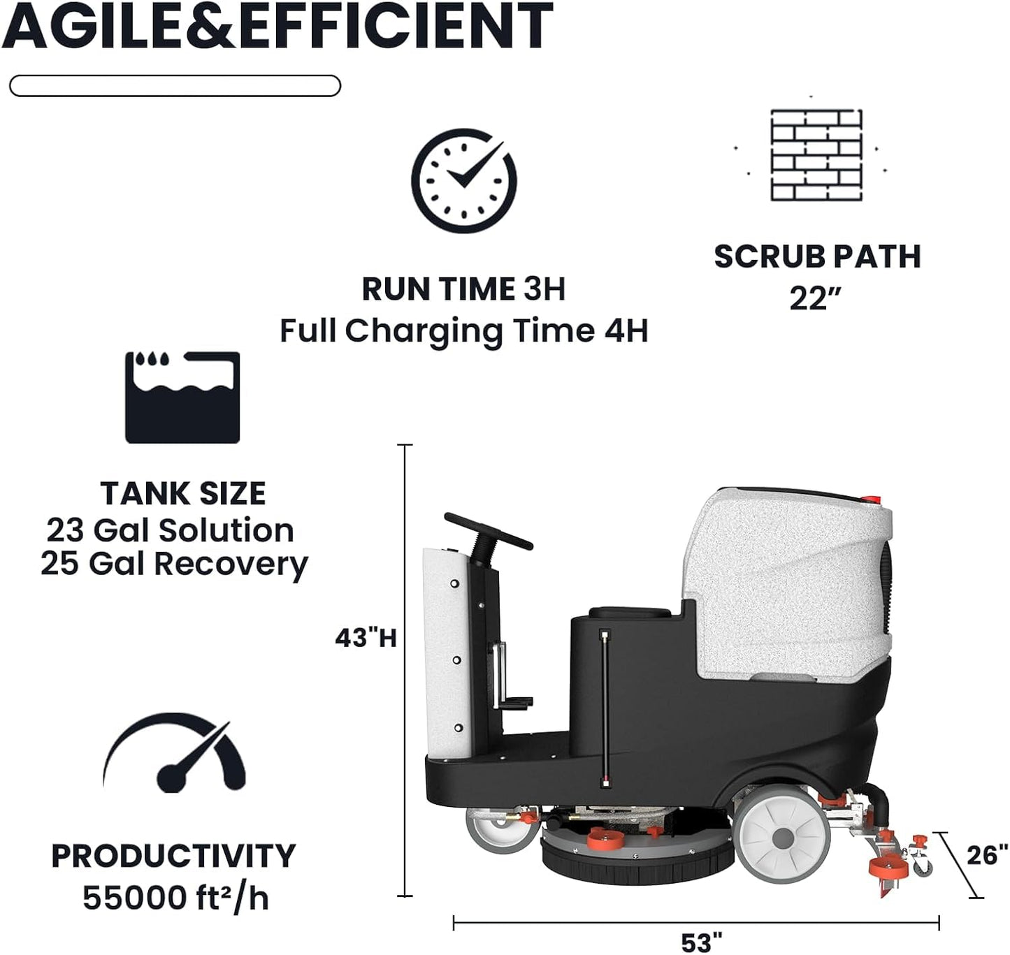 AIOLITH Micro Ride-On Floor Scrubber Dryer Kit, 22" Clean, 25 Gal, up to 55,000 ft²/h, Lithium Battery, Fast Charge, All Parts, Commercial Floor Cleaning for Daily Maintenance in Airport, Mall, School