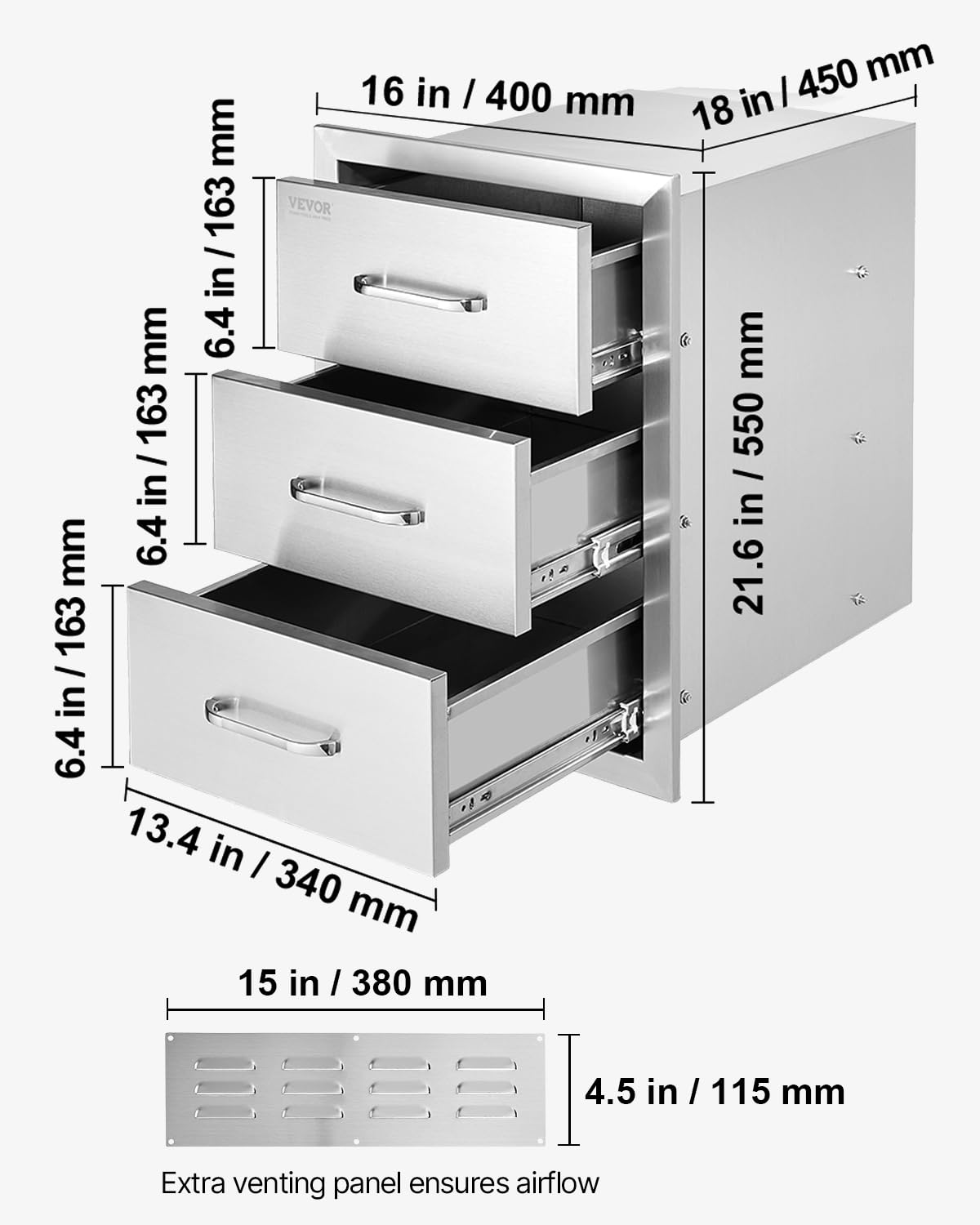VEVOR Outdoor Kitchen Drawer 16" W x 21.5" H x 18" D, Outdoor Kitchen Cabinets, BBQ Drawer Stainless Steel, Flush Mount Triple Access, with Handle, BBQ Island, Outdoor Grill Patio Grill Station