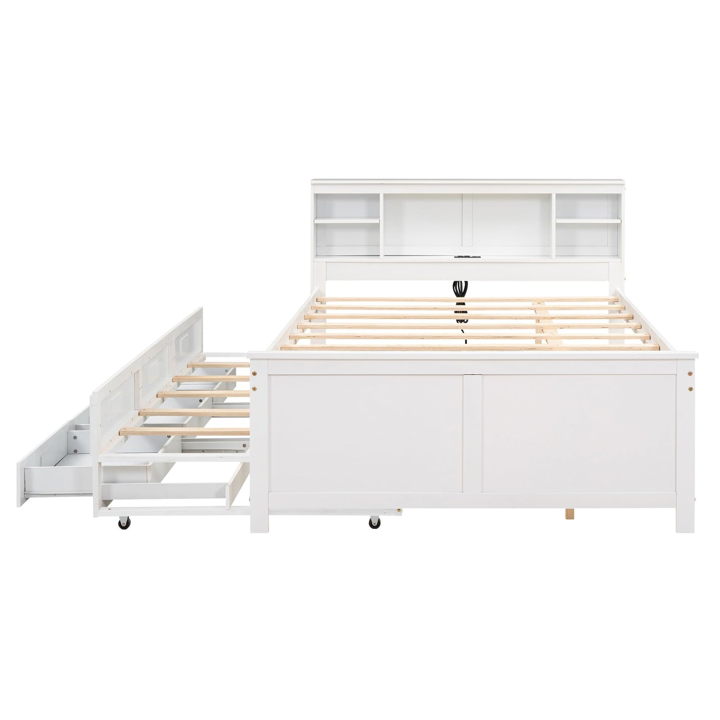 Merax Full Size Platform Bed with Storage Headboard, USB, Wood Bedframe with Twin Size Trundle and 3 Drawers, White