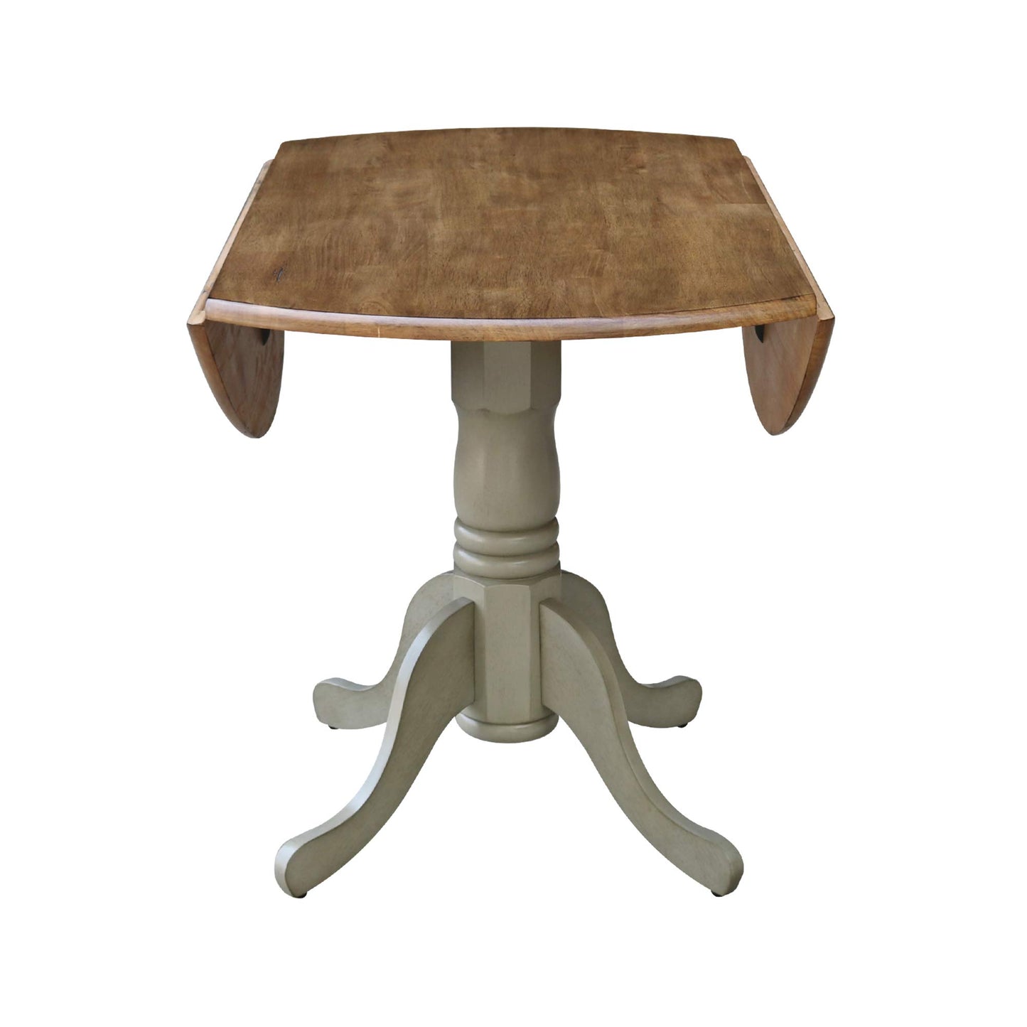 IC International Concepts, 42" Round Dual Drop Leaf Pedestal Dining Table, Solid Real Wood, Sturdy Parawood, Distressed Hickory/Stone