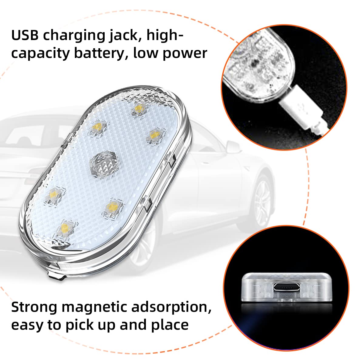 Ziciner Car Wireless LED Lights, Super Bright USB Rechargeable Bulb, Colorful, 2 PCS, ABS Material
