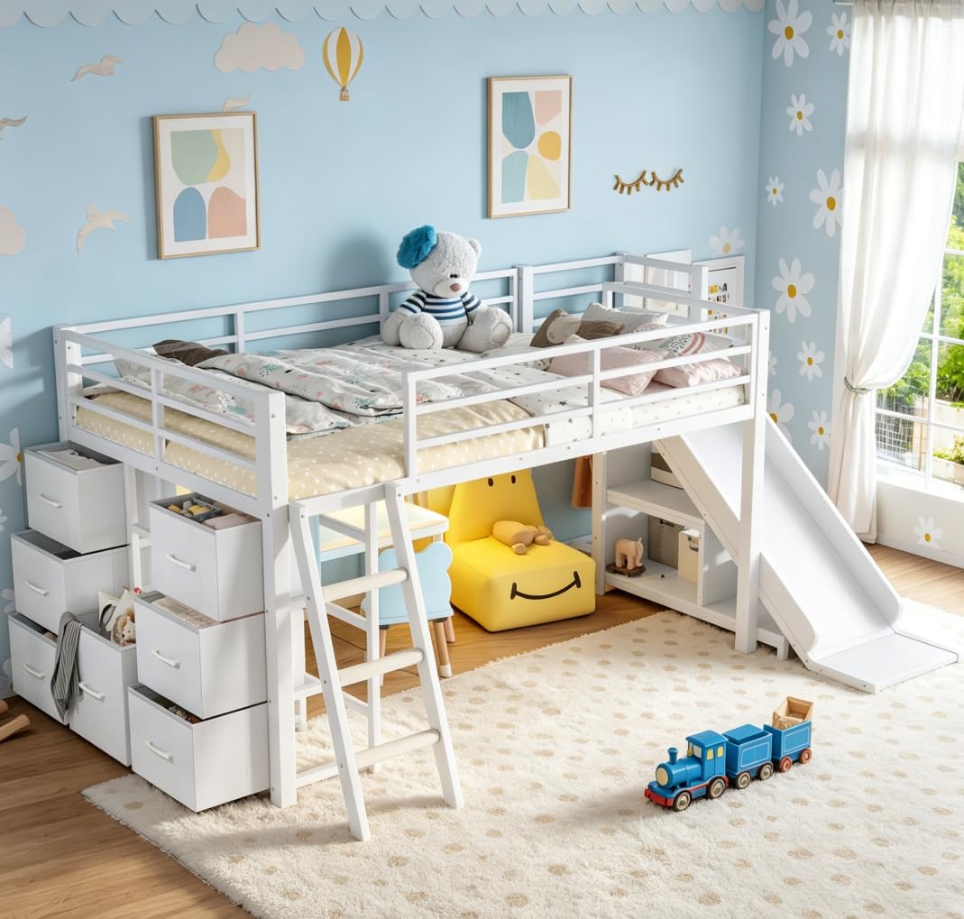 Bellemave Twin Low Loft Bed with Slide and LED, Metal Kids loft Bed with Storage Drawers and Hanging Area, 2 Assembly Methods, White