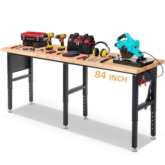 ENJOYWOOD Workbench 84 Inch Heavy Duty Rubber Wood Top Work Bench Adjustable Height Work Table 5000 Lbs Load Capacity with Power Outlets & Extended Pegboard for Garage, Home, Office