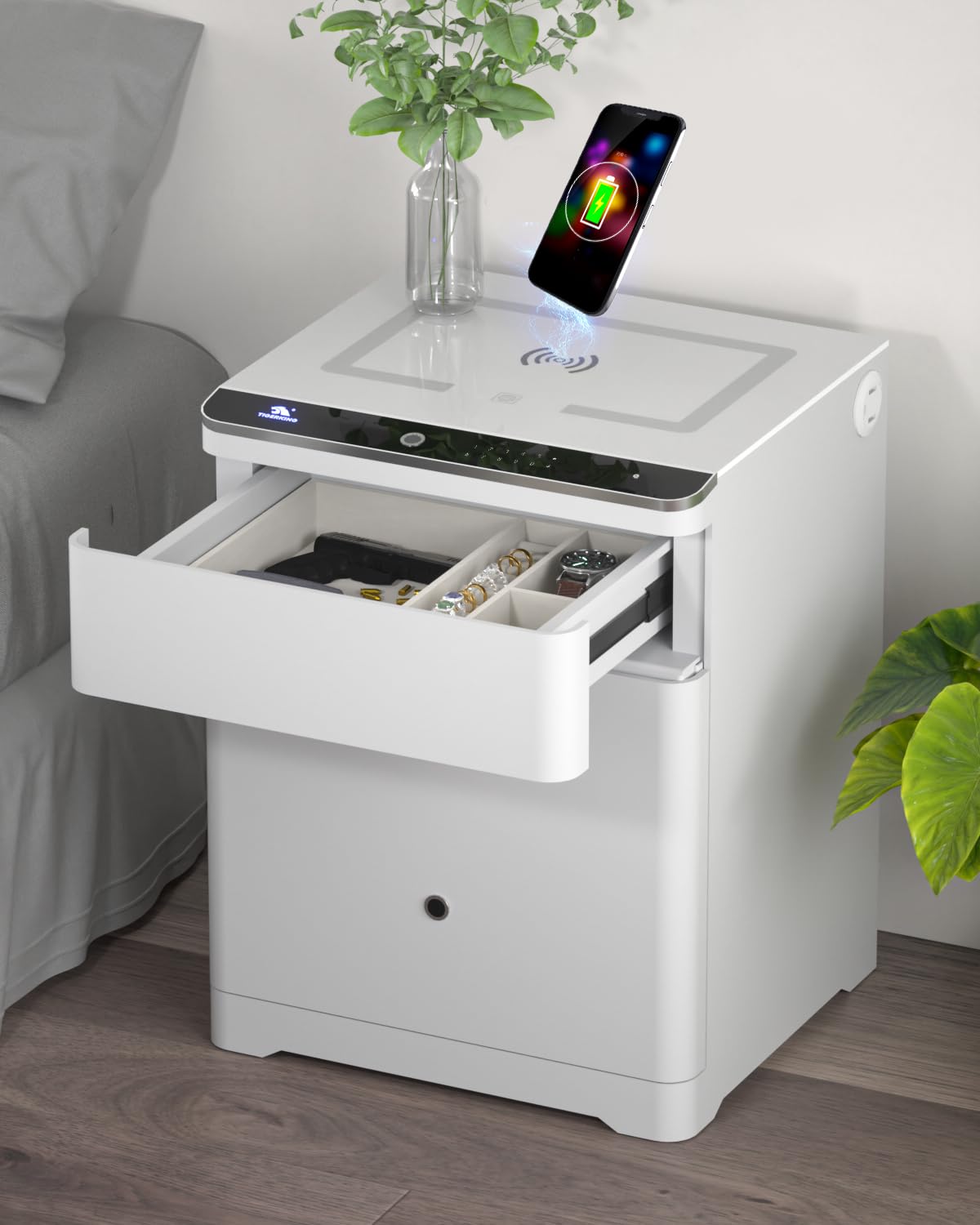 TIGERKING 3-in-1 Biometric Heavy Duty Safe, Lockable Drawer Gun Safes with Wireless Charging Station, Home Safe Adjustable Lighting with USB & Type-C Port for Bedroom Office, White