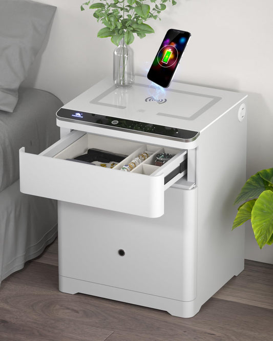 TIGERKING 3-in-1 Biometric Heavy Duty Safe, Lockable Drawer Gun Safes with Wireless Charging Station, Home Safe Adjustable Lighting with USB & Type-C Port for Bedroom Office, White