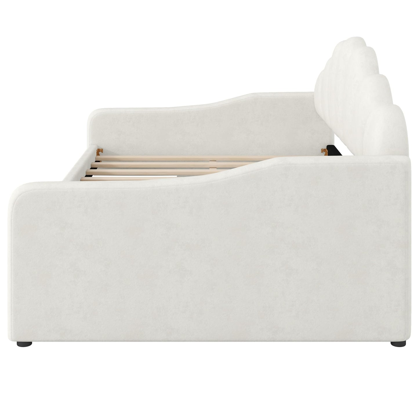Merax Full Size Modern Upholstered Sofa Day Bed with Shall Shaped Backrest & Storage Drawers, Mutifunction Platform Bed with Wood Slat Support,Velvet Storage Bed Frame with Headboard/Twin, White
