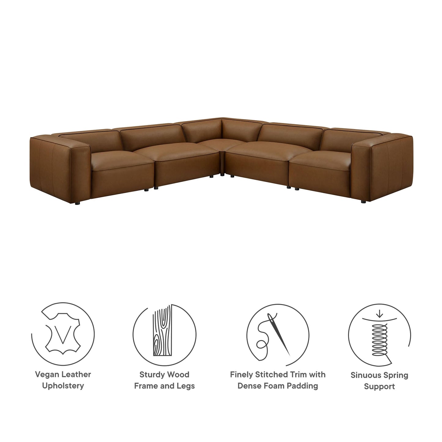 Modway Auren Vegan Leather 5 Piece Modular Sofa in Coffee - Faux Leather L Shaped Sectional - Comfy Modern PU Leather Sofa - Oversized Mid Century Modern Couch for Living Room, Apartment