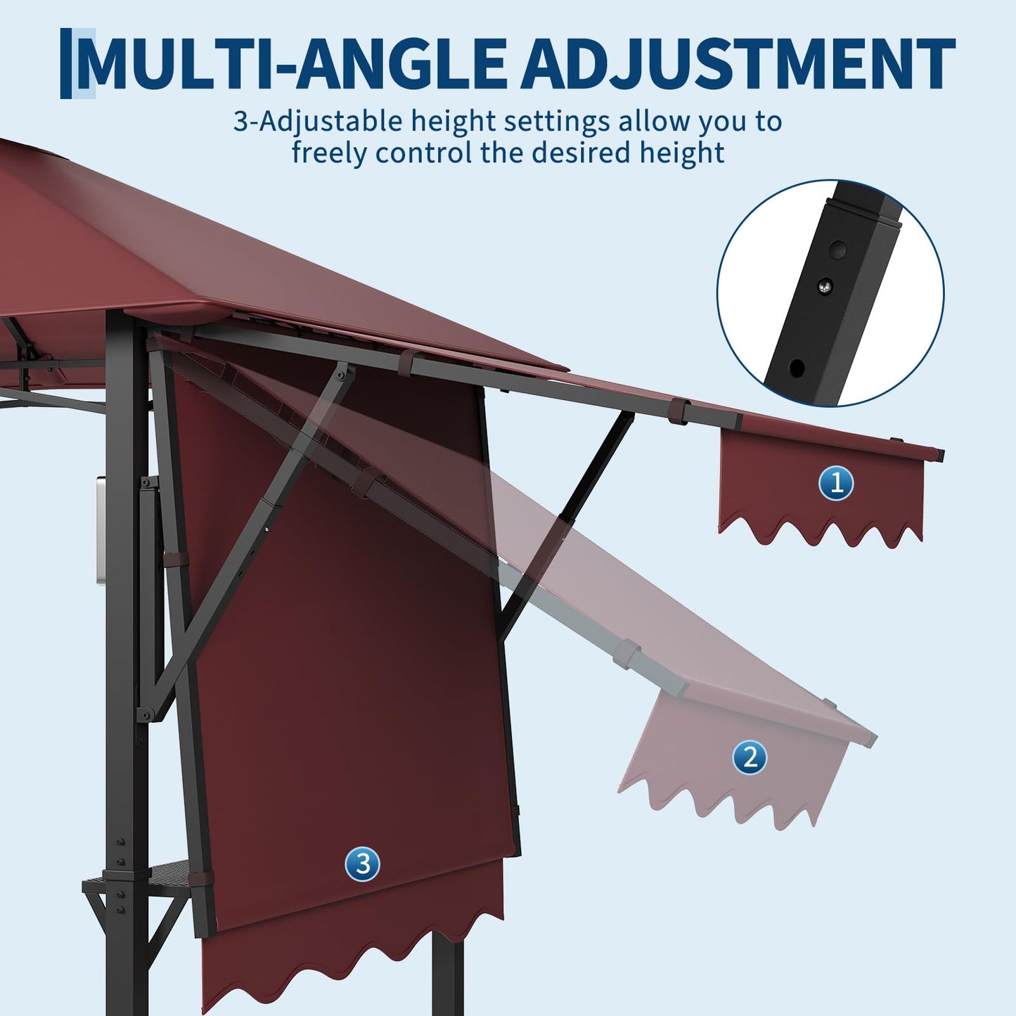 Garvee 8x5 Grill Gazebo Outdoor BBQ Canopy, Double Tier Patio Grill Shelter with Adjustable Dual Side Awnings, 2 Handy Shelves, Hooks & Ceiling Light Hook, Heavy Duty Steel Frame for Backyard-Claret