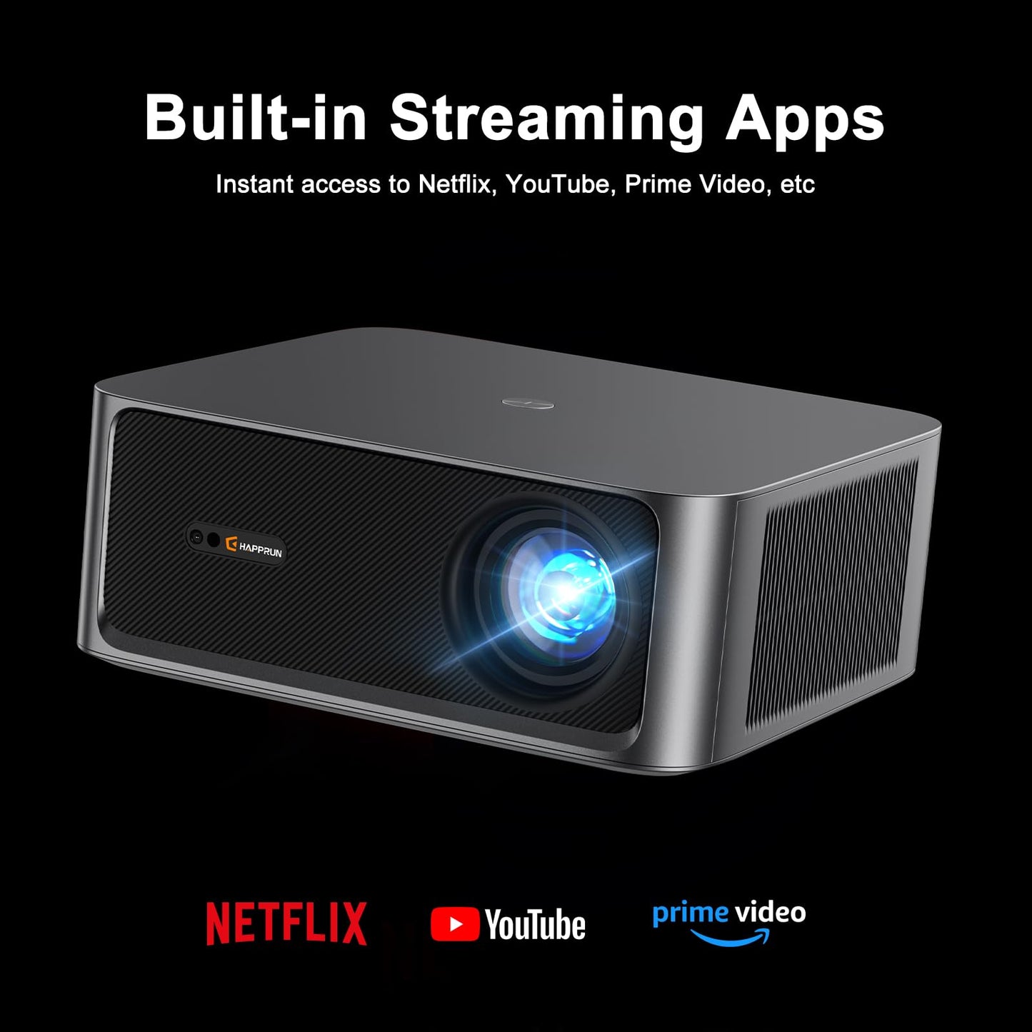 2000 ANSI Lumens Outdoor Projector with Built-in Streaming Apps, HAPPRUN 4K Decoding Movie Home Theater with Auto Focus, Dolby Audio, Wi-Fi Bluetooth, Compatible with Phone & PC, Indoor & Outdoor Use