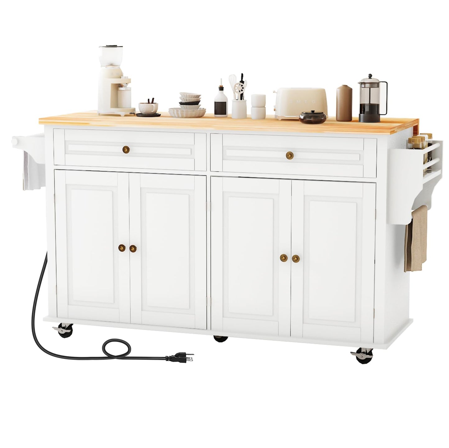 JassmiPkwy 67’’ Movable Kitchen Island with Drop Leaf and Power Outlet, Lockable Sliding Countertop Rolling Island Cart with 2 Large Drawers, Spice, Towel Rack,White