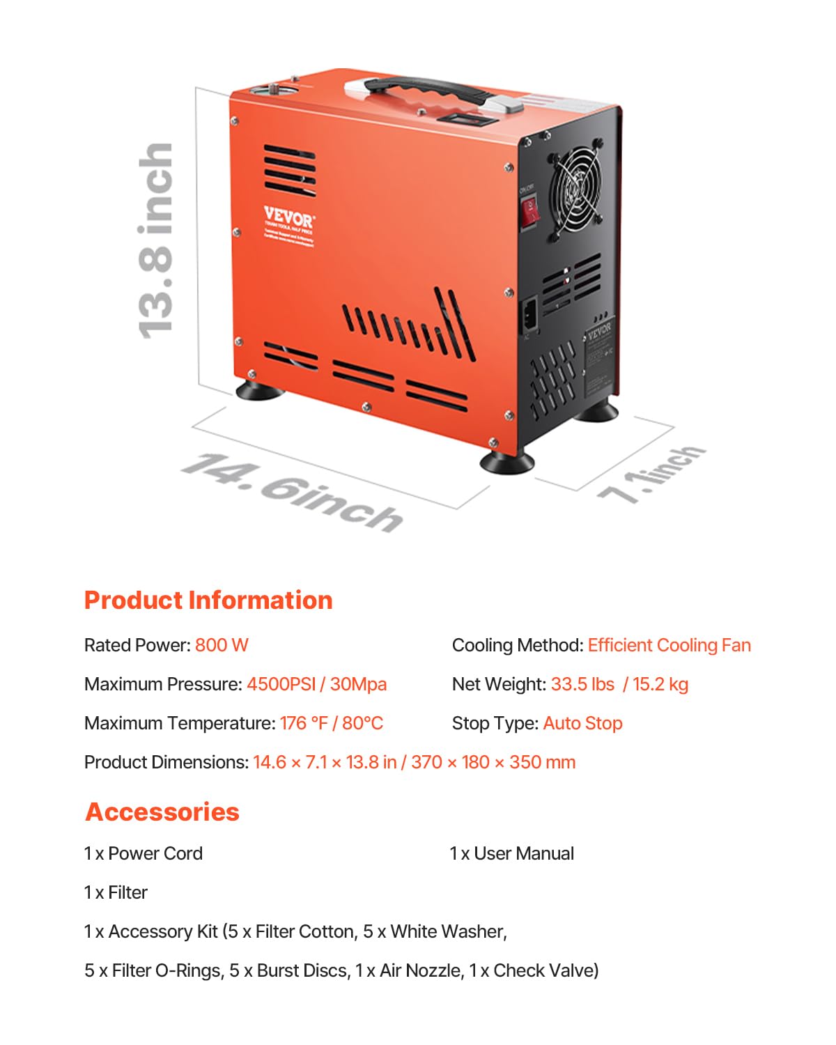 VEVOR PCP Air Compressor, 800W Dual-Cylinder PCP Airgun Compressor 4500PSI/30Mpa with Built-in Fan Cooling System, Auto-Stop | Oil Free Paintball Tank Compressor for Air Rifle, Scuba Diving Bottle