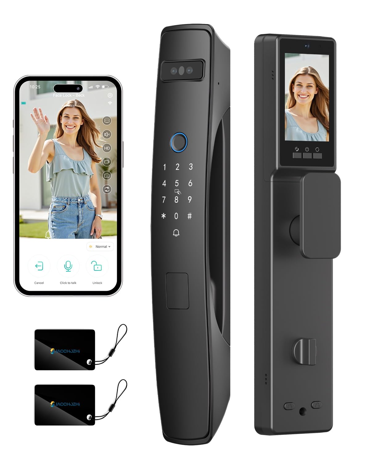 Jacchozhi 3D Face Recognition Smart Lock with Dual Cameras, 2-Way Video, Doorbell, 4" IPS Screen, Night Vision, Tamper Alarm, IP65 Waterproof, WiFi Keyless Entry Mortise Lock for Front Door