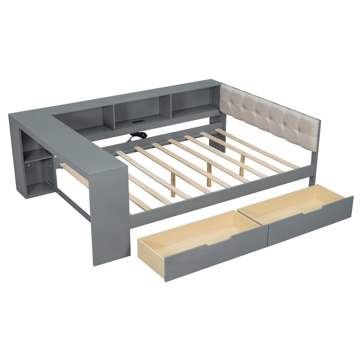 Merax Full Size Platform Bed with Storage Shelves,Drawers,Charging Station and Upholstered Headboard for Bedroom,