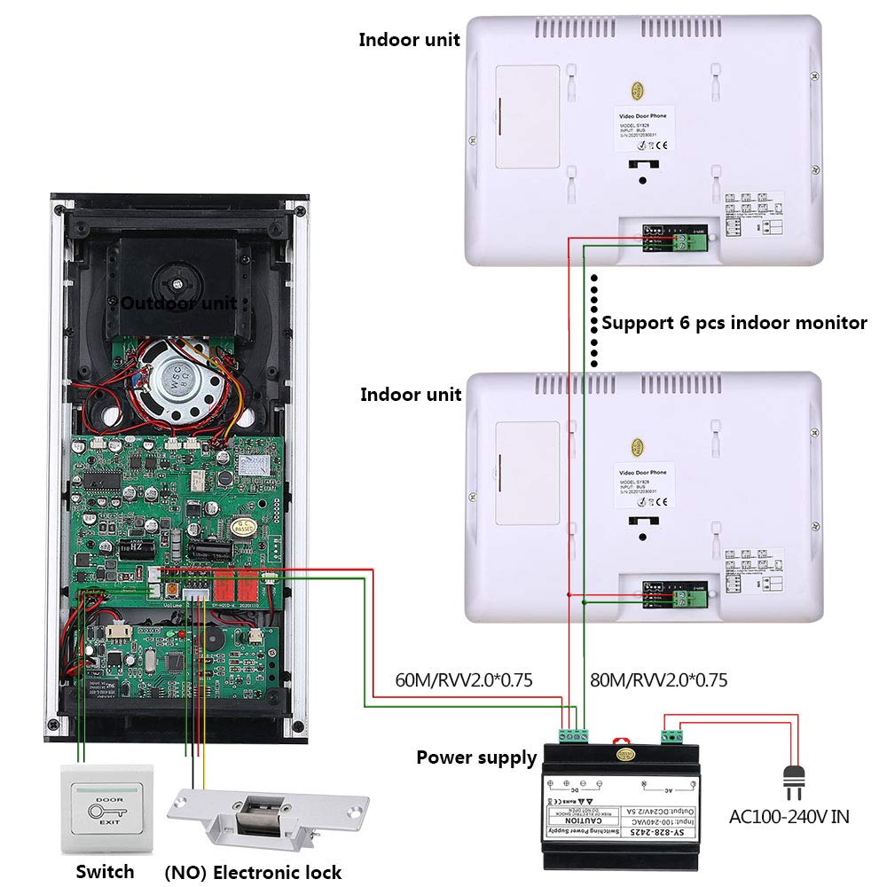 6-Unit Home Apartment Visual Intercom Doorbell System,7" LCD Screen Bus 2pin Wired Video Door Phone Kit,for Home Night Vision+ Cathode Lock(1 Doorbell+6 Monitor)