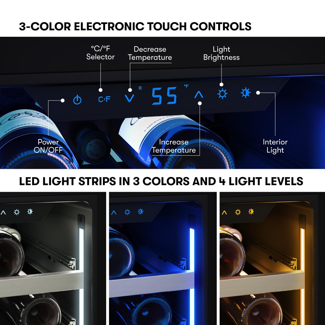 Zephyr Presrv 15 Inch Wine Fridge Single Zone Under Counter - Slim Narrow Wine Cooler Cellars Small Cabinet Wine Refrigerator Home Bar Chiller Freestanding with Glass Door - 27 x 750ml Bottles