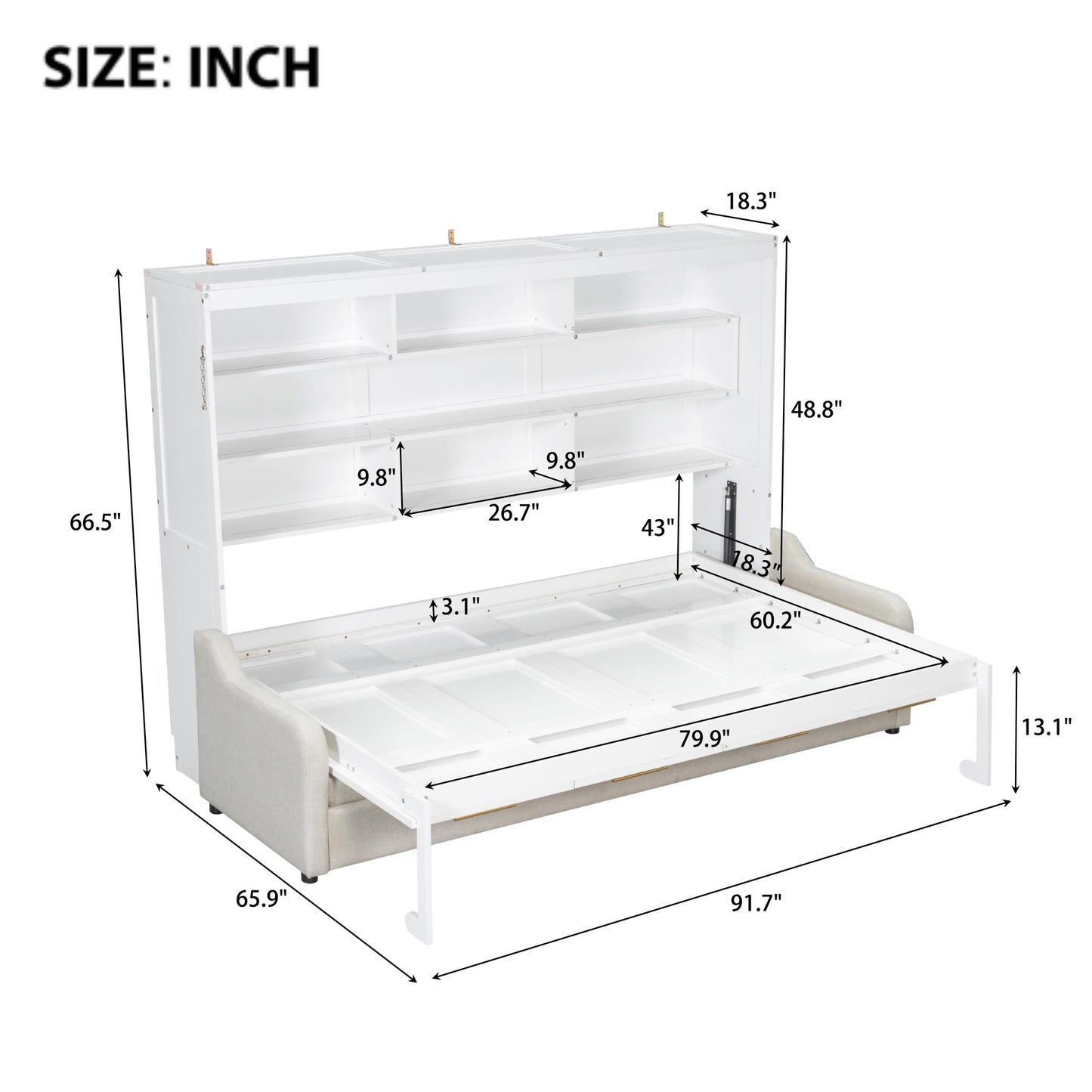 Queen Horizontal Murphy Bed with Sofa and Storage Shelves,LED Light,Solid Wood Space Saving Hideaway Murphy Wall Bed with Couch and Storage for Adults (Beige,Queen)