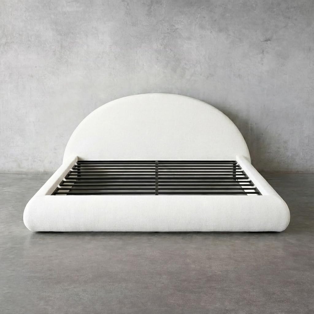 Cloud Frame Round Bed – Washable Zip Cover - Upholstered Linen Soft Foam - Modular Minimalist Modern - Half Circle Moon - Sold Sold Separately (Cream Linen Premium, Queen Base)