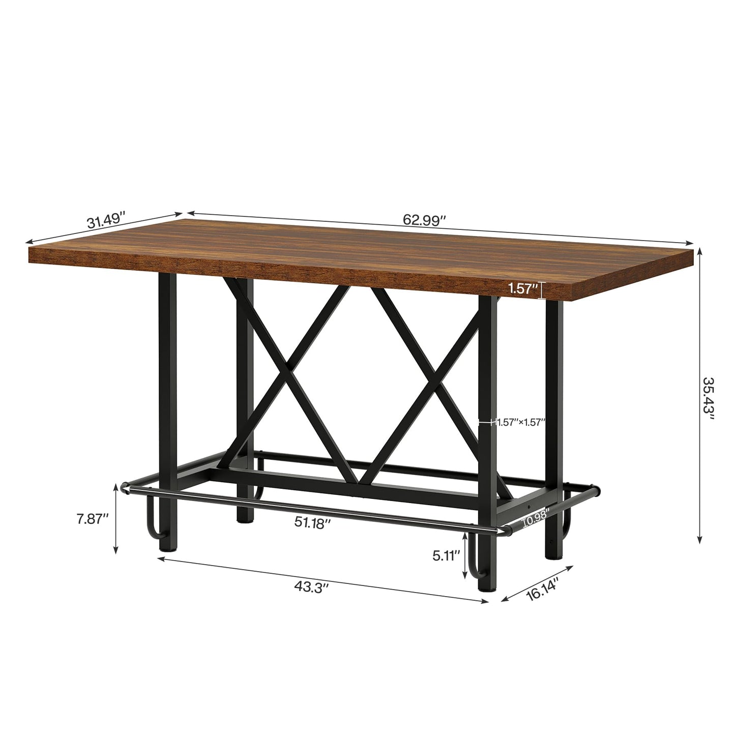 Tribesigns Bar Table, Industrial Counter Height Pub Table with Metal Footrest, 63-Inch Rectangle Wood Kitchen Dining Table with Sturdy Metal Frame for Dining Room, Home Bar (Brown)