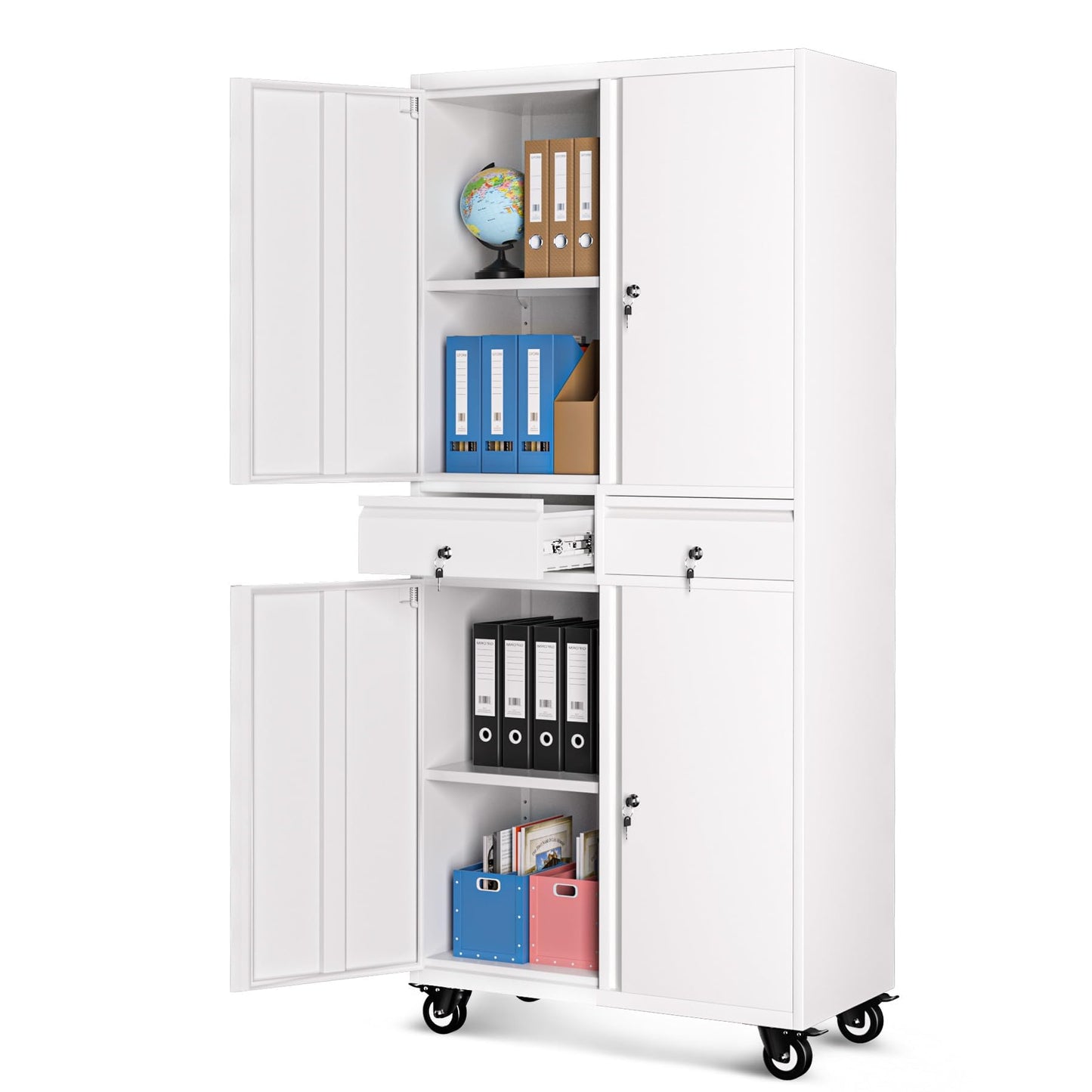 Metal Storage Cabinet with Wheels, 72” Rolling Garage Organizer with Locking Doors & 2 Drawers, Heavy Duty Steel Tool Cabinet with 3 Adjustable Shelves, Lockable Filing Cabinet for Home Office