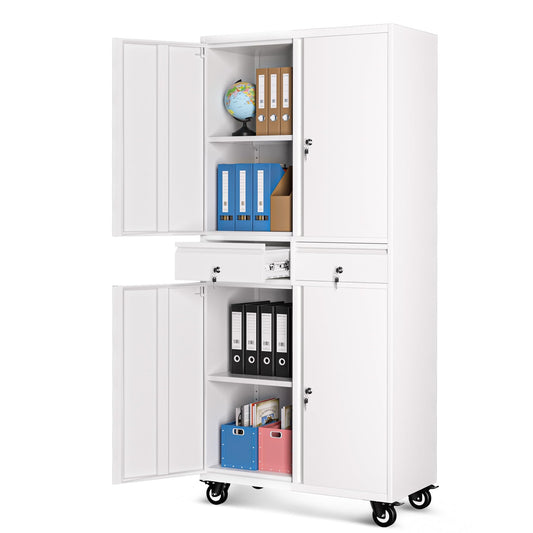 Metal Storage Cabinet with Wheels, 72” Rolling Garage Organizer with Locking Doors & 2 Drawers, Heavy Duty Steel Tool Cabinet with 3 Adjustable Shelves, Lockable Filing Cabinet for Home Office