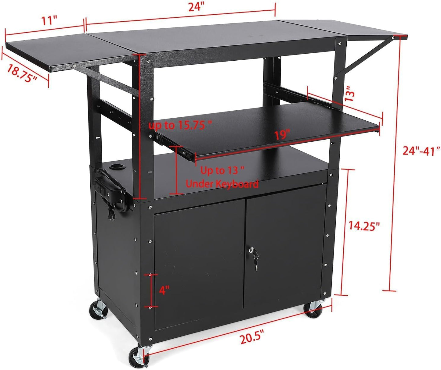 Portable AV Cart with Locking Storage Cabinet, Adjustable Laptop Stand & Drop Leaves, Rolling Workstation with Power Outlets for Classroom, Office, or Home Use