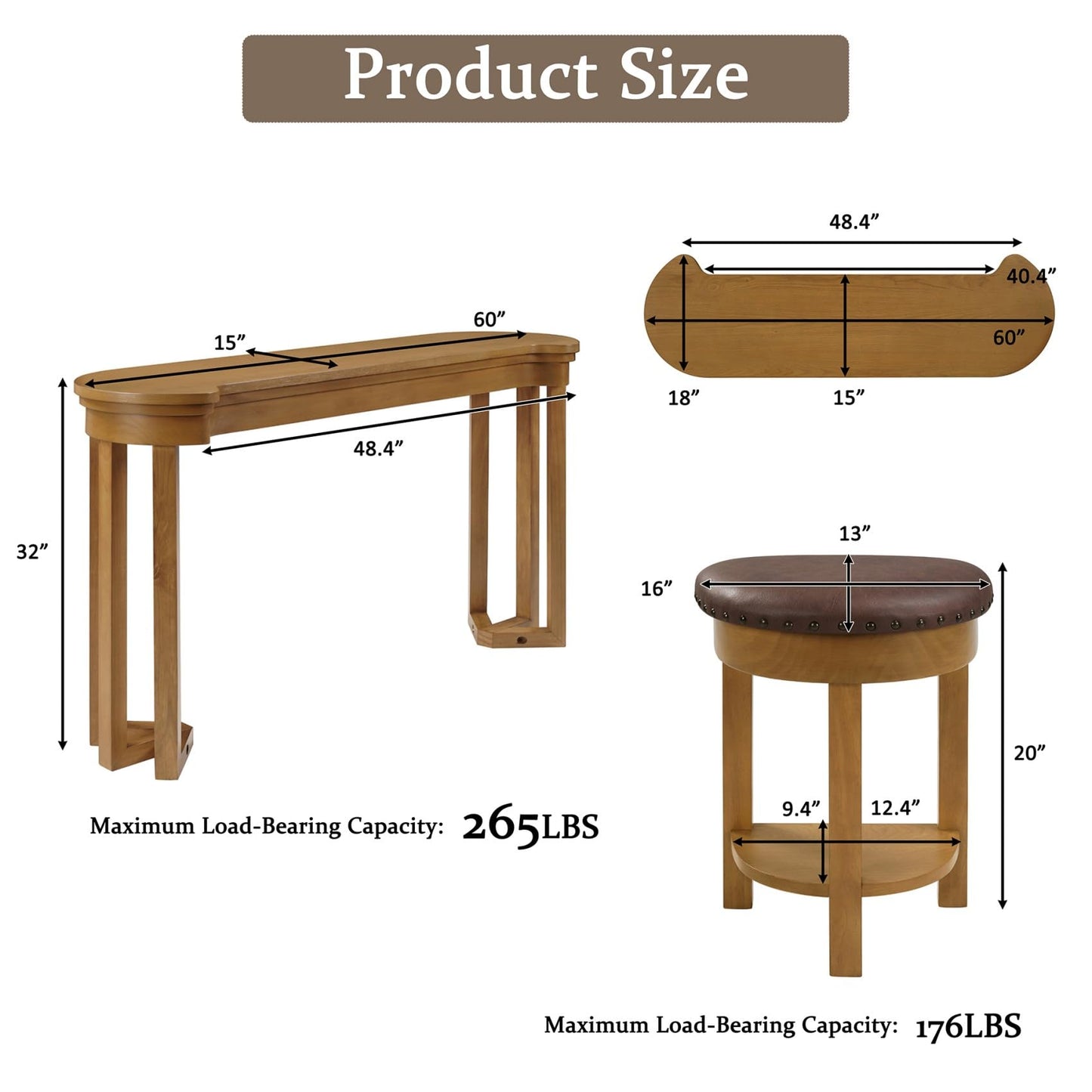 KEIKI 60" Solid Pine Wood Bar Table Set with 3 PU Stools Chairs, Long Bar High Top Dining Table & Upholstered Stools, Behind Couch Sofa Counter Height Pub Table for Breakfast, Kitchen Living Room