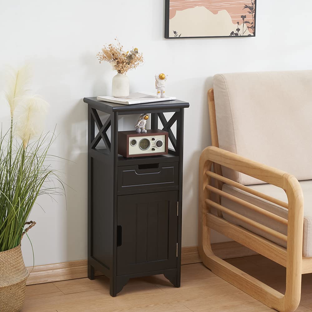 BECTSBEFF Assembled 30in Height Nightstand, Pre- Assembled Bathroom Floor Cabinet with Shelf and Storage Drawer, Black Tall End Table No Assembly Chest for Living Room Bedroom