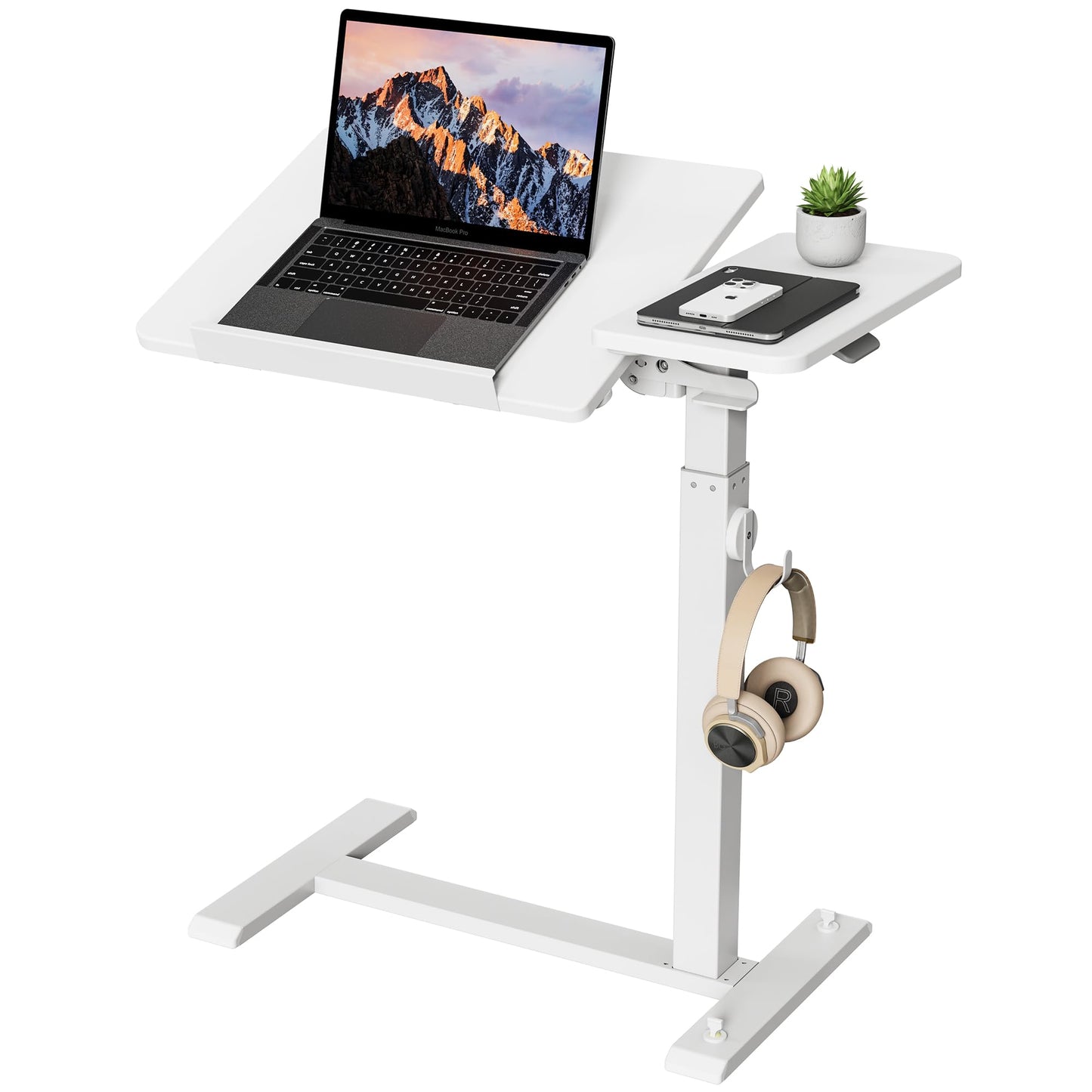 ETHU Foldable Overbed Table with Wheels, Rolling Laptop Standing Desk with Height Adjustable 26.77”-42.51” & Tilting Desktop, Mobile Work Desk for Bedside, Sofa and Home Office Use, White