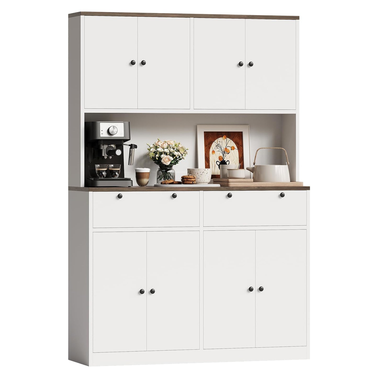 Garvee 71" Tall Kitchen Pantry Storage Cabinet with Charging Station, Food Hutch with Drawers, Doors, Shelves, and Countertop for Dining Room