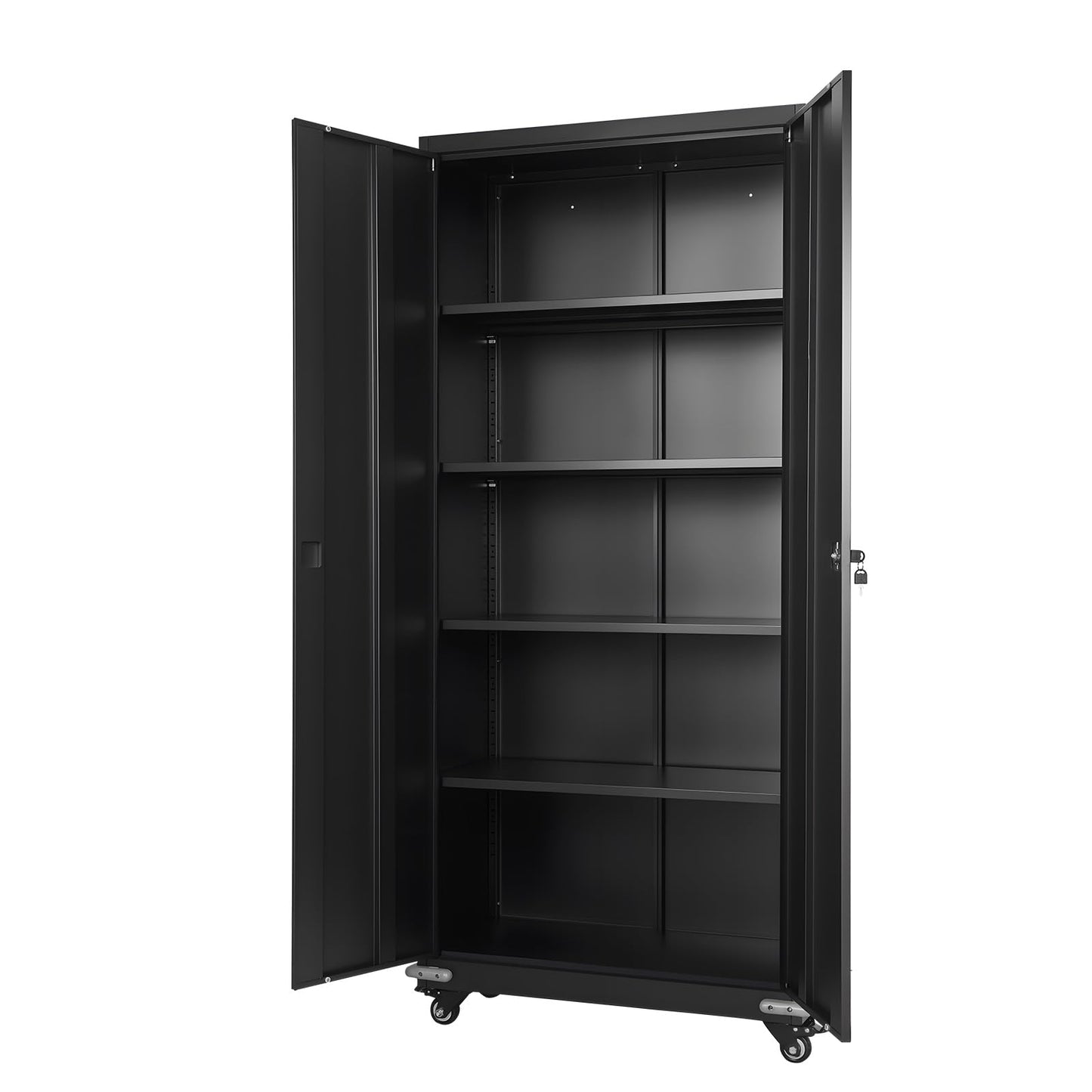 VEVOR Metal Storage Cabinet, 72.6 in Rolling Steel Garage Cabinet with 4 Adjustable Shelves, 2 Magnetic Doors & 2 Keys, 5 Tiers Lockable Tool Storage for Pantry, Warehouse, Basement, Office, Black