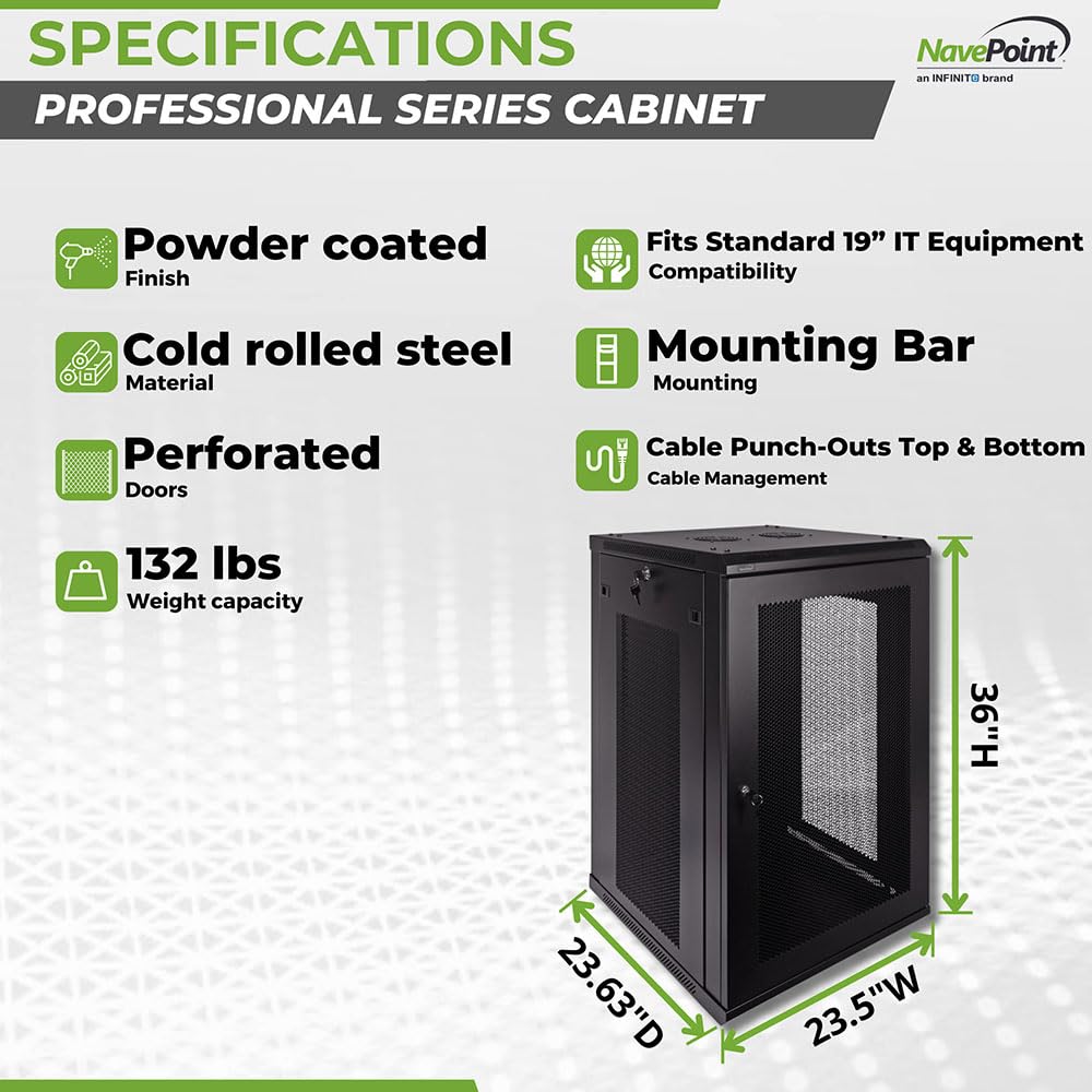 NavePoint 18U Server Rack Enclosure - 23.6” Deep, Wall Mount Network Cabinet with Locking Perforated Door, 19” IT Equipment Compatible, Network Rack, Removable Side Panels, Black