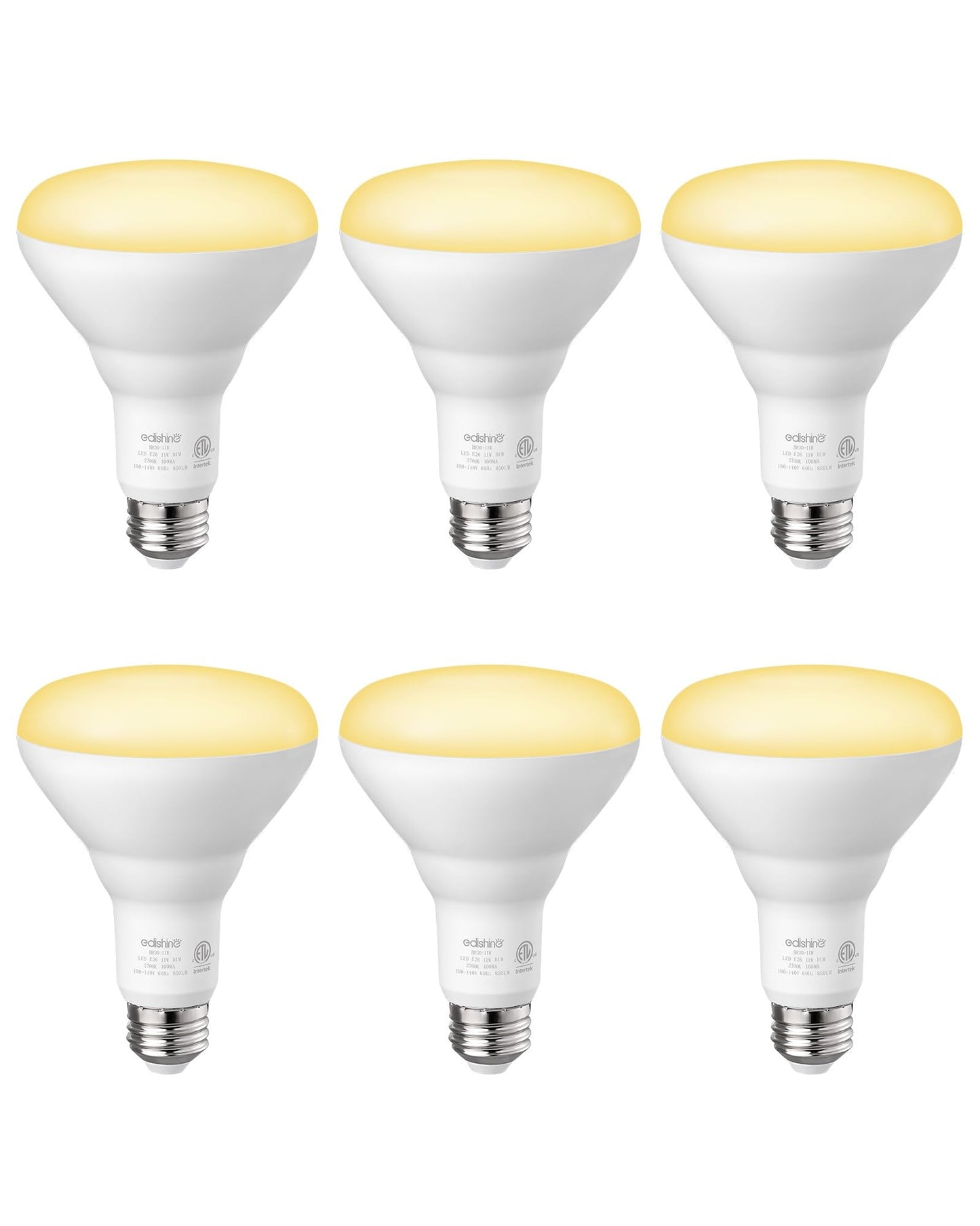 EDISHINE BR30 LED Bulb, Dimmable 11W Equivalent 65W, 850LM, 2700K Warm White, E26 Base, 6 Pack, ETL