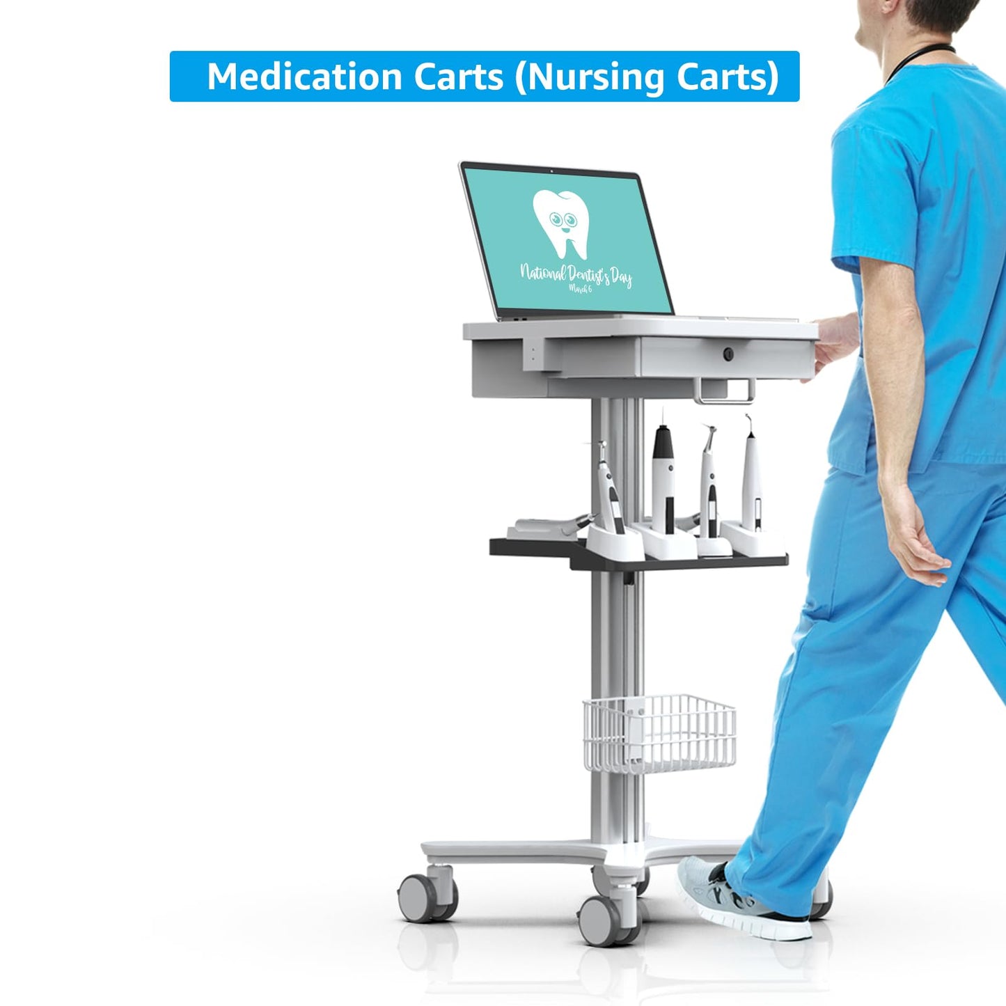 Medical Trolley Cart with Laptop Tray, Mobile Dental Clinic Workstation with Oral Scanner Holder for Hospitals Beauty Salon and Labs