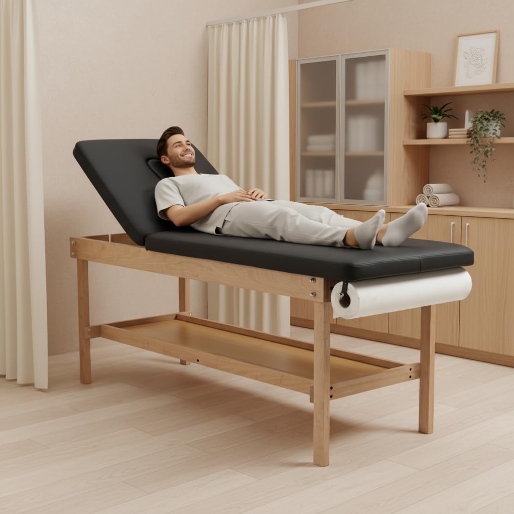 Carenovo 27.5" Width Comfortable Medical Exam Table & Bed with Wooden Storage Base and Paper Holder for Treatment Clincal (Black)