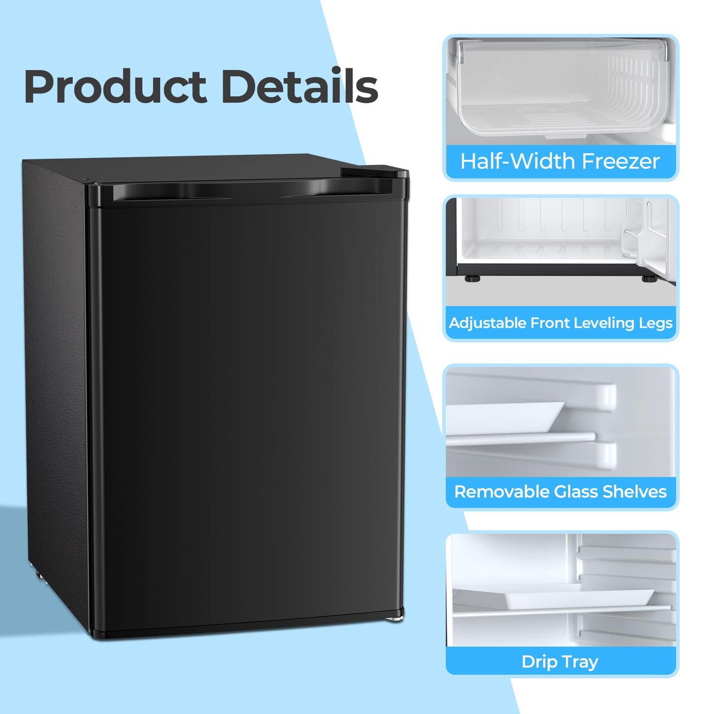Antarctic Star 2.56 Cu.Ft. Mini Fridge with Freezer, Small Refrigerators with Adjustable Thermostat, Low Noise, Energy Saving, Compact Refrigerators for College Dorm, Office, Bedroom, Apartment, Black