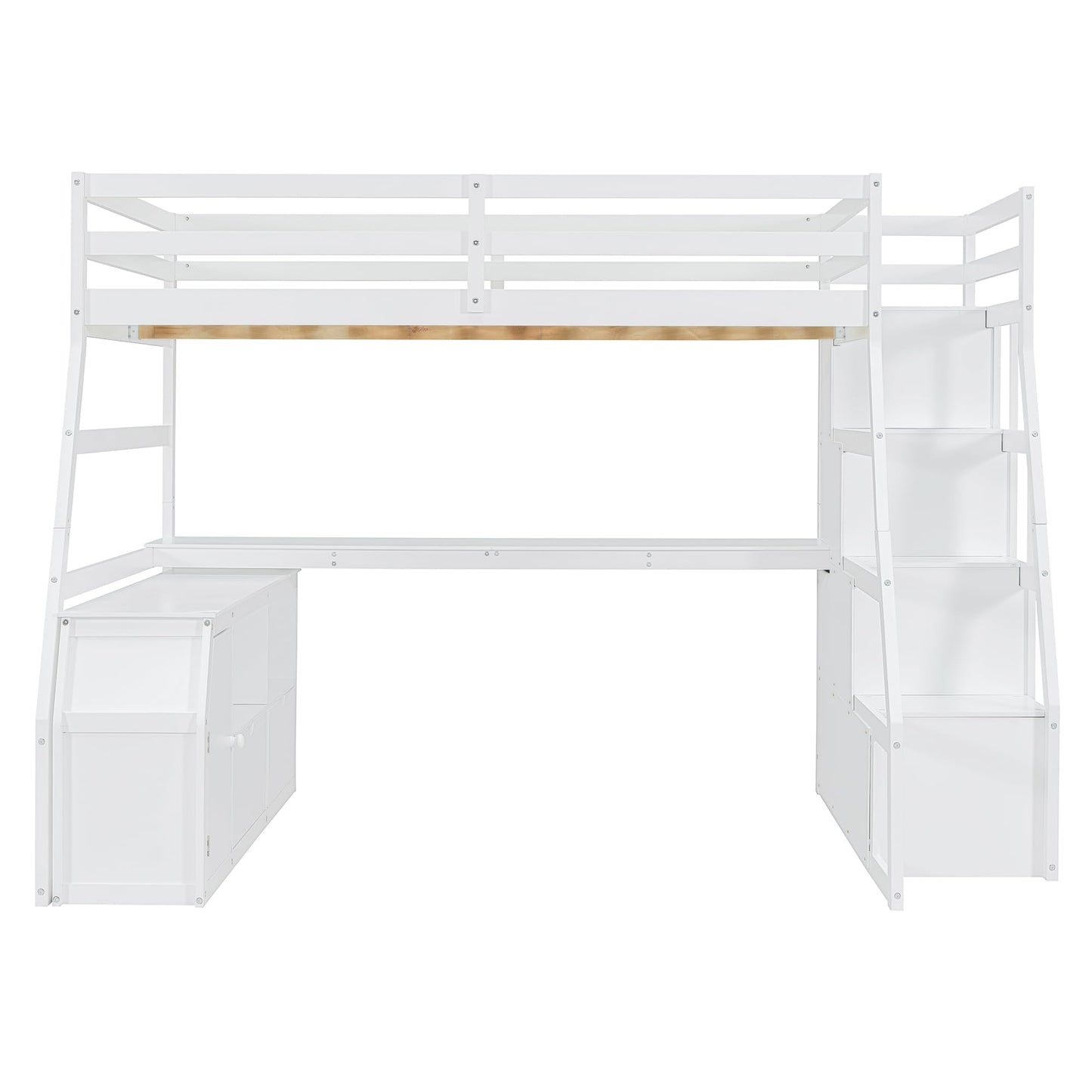 Su & Chan Legence Full Size Bed with Pinewood Frame and Desk, Loft Bed with 7 Drawers and 2 Shelves, Natural Wood Grain Look, White