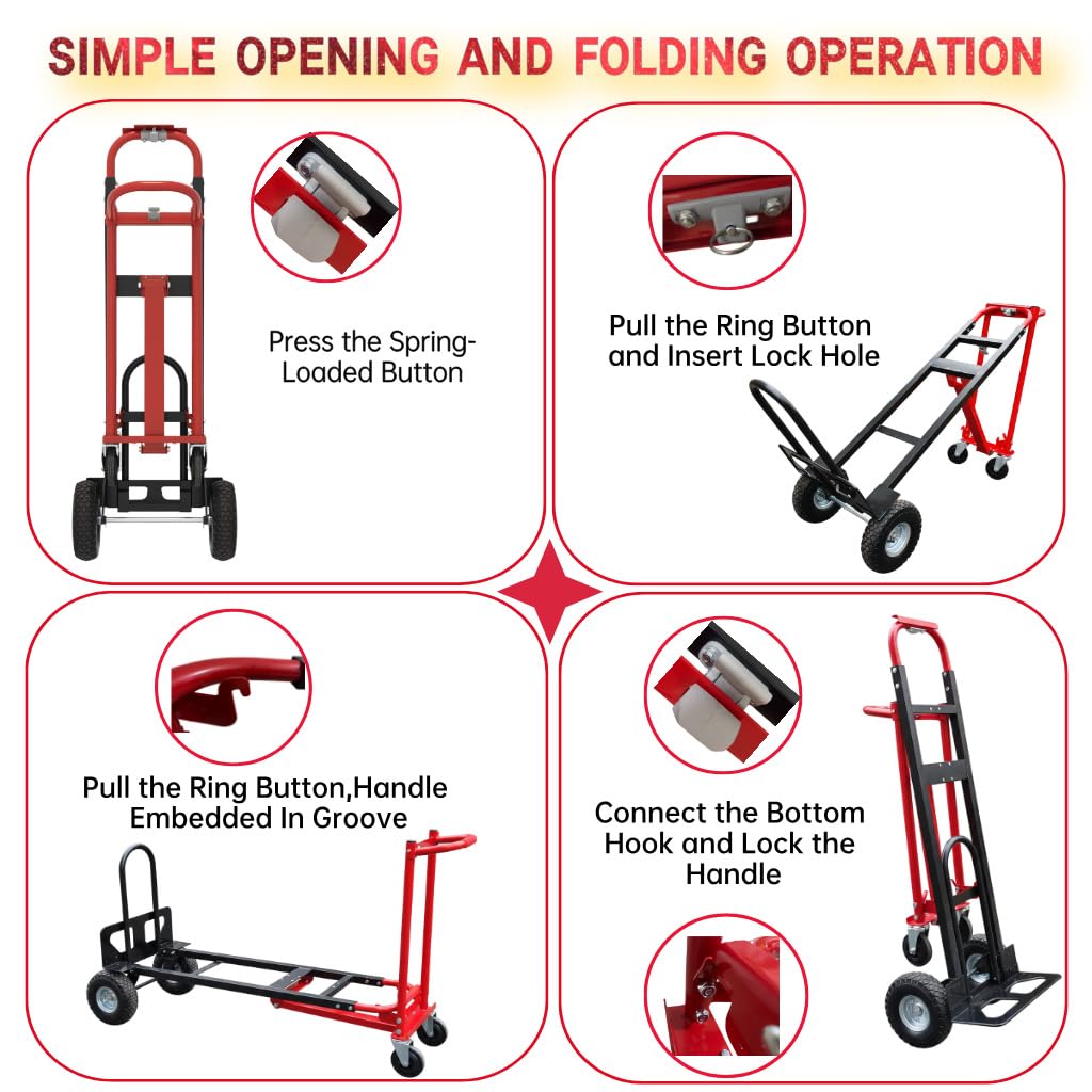 Suzhi Convertible Hand Truck Dolly Cart Heavy Duty/with 4 Wheels,Industrial Grade,1000 Lbs Load, 2 Straps for Moving Furniture/Appliance/Carton/Warehouse/Office / 10 Minutes' Install as Video