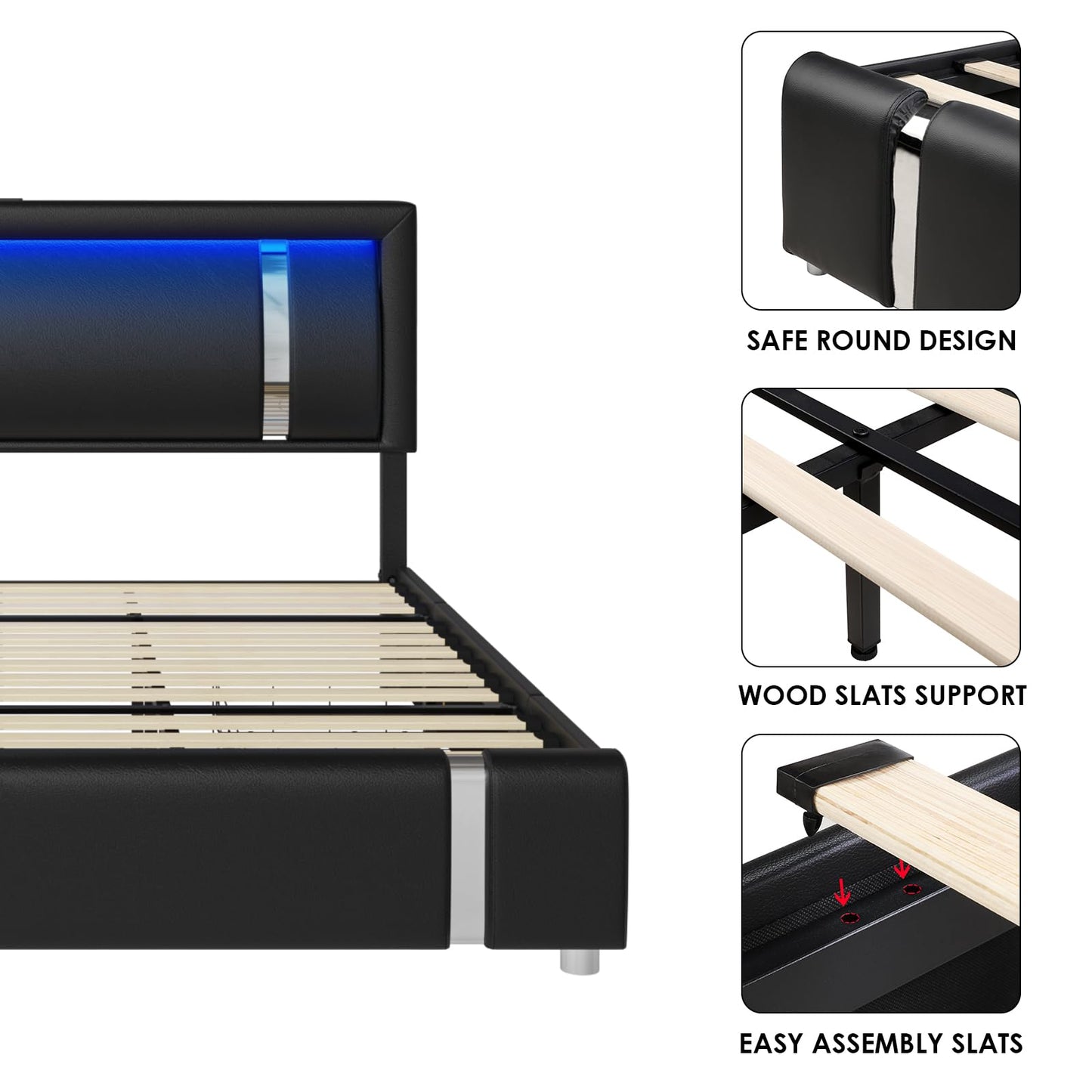Keyluv King Size Bed Frame with RGB LED Lights & 2 Storage Drawers, Modern Upholstered Platform Bed with Iron Metal Decor, USB Charging Ports, Black