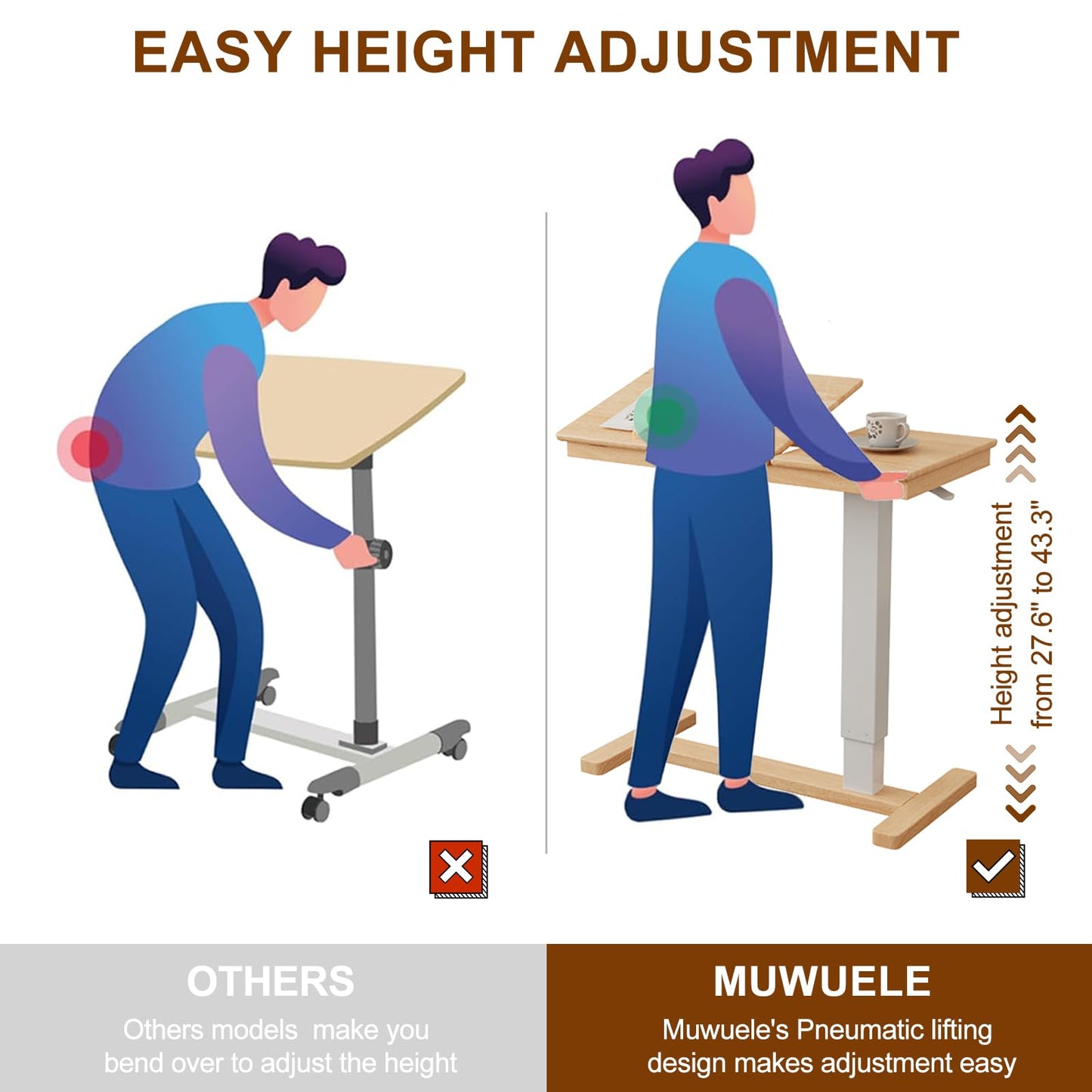 Muwuele Solid Wood Overbed Bedside Table with Wheels, Adjustable Medical Tilt Top Hospital Bed Table Over The Bed, Rolling Laptop Desk, Mobile Standing Desk for Hospital and Home Use (Natural)