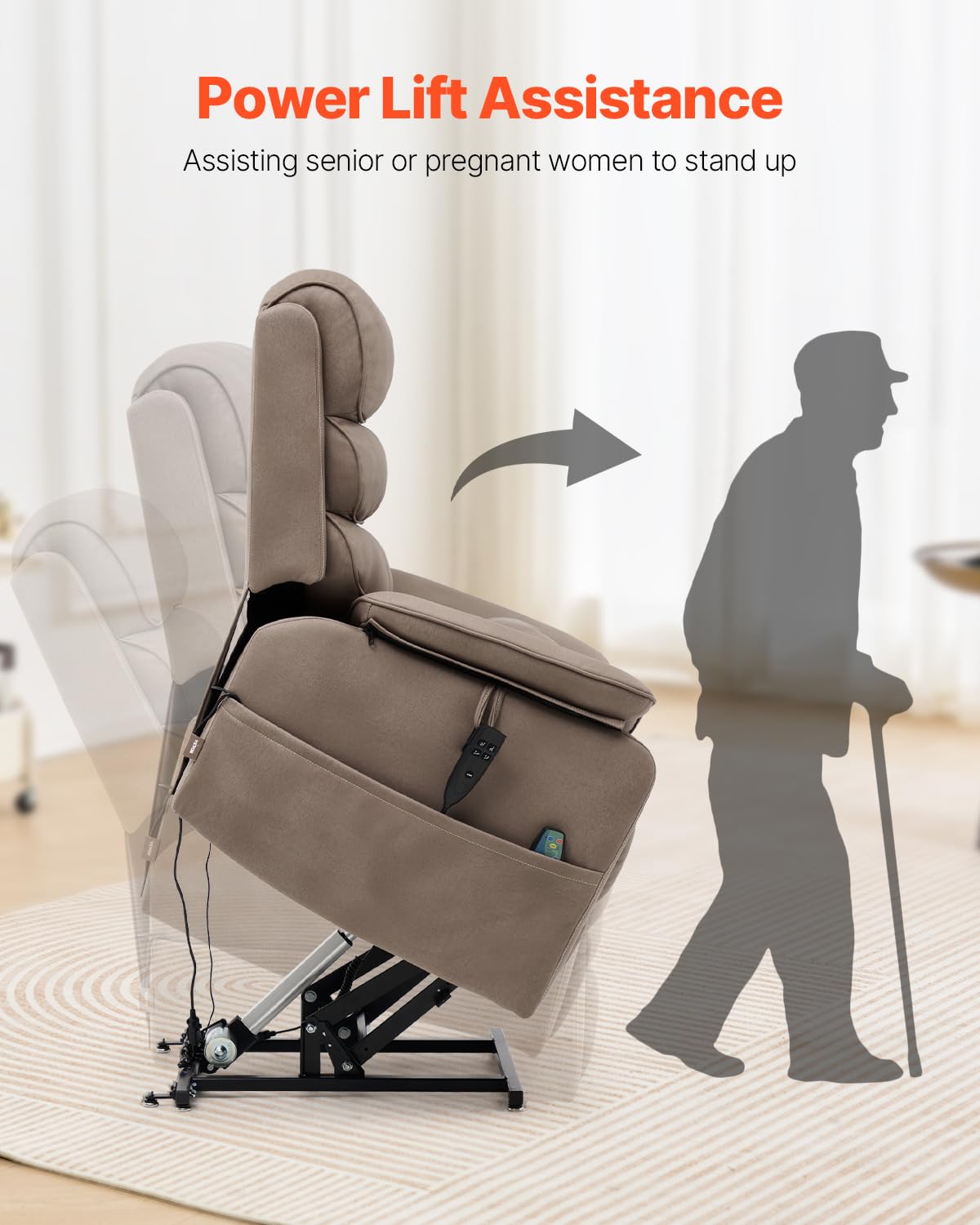 VEVOR Power Lift Recliner Chair, Dual Motor Lift Chair with Heat and Massage for Elderly, Infinite Position Adjustment Electric Recliner with a Cup Holder (Medium-Wide, Light Brown)