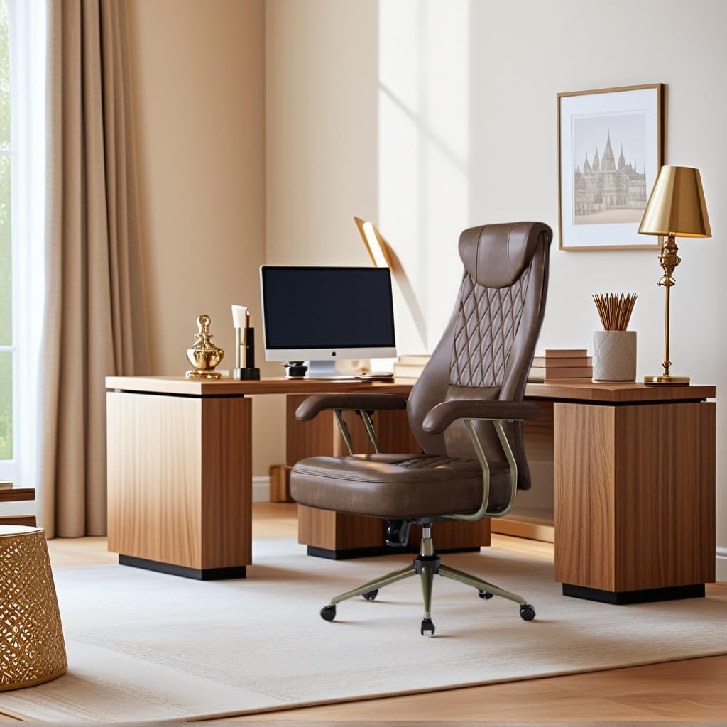 Executive Office Chair, High Back Ergonomic PU Leather Desk Chair with Integrated Headrest & Lumbar Support, Adjustable Reclining Swivel Computer Chair for Home Office, Brown