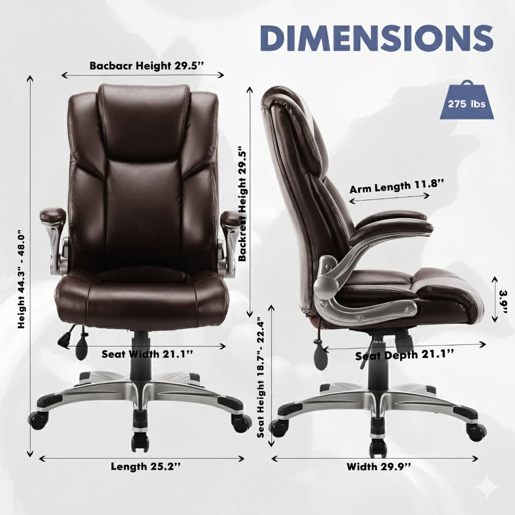 Ergonomic High Back Executive Office Chair with Adjustable Airbag Lumbar Support, Bonded Leather Desk Chair with Flip-up Armrests, Swivel Computer Task Chair for Home Office Workstation, Brown