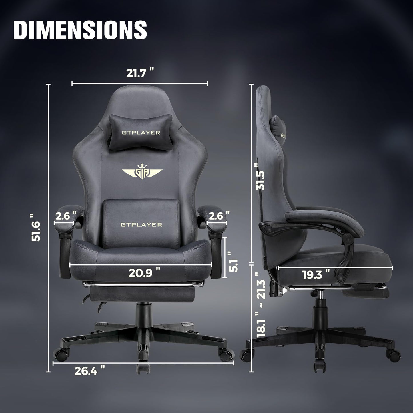GTPLAYER Big and Tall Gaming Chair 400lbs Heavy Duty Office Chair with Foot Rest, High Back Pocket Spring Ergonomic Computer Chair for Adults, Wide Comfy Seated Cushion with Linkage Armrests, Grey