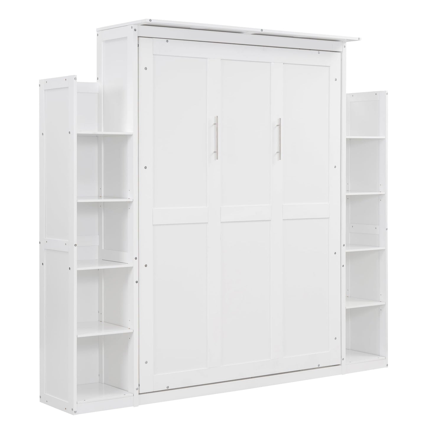 MERITLINE Queen Murphy Bed with Storage Shelves and LED Lights, Wood White Murphy Wall Bed Cabinet with Bookcase Bookshelf for Adults