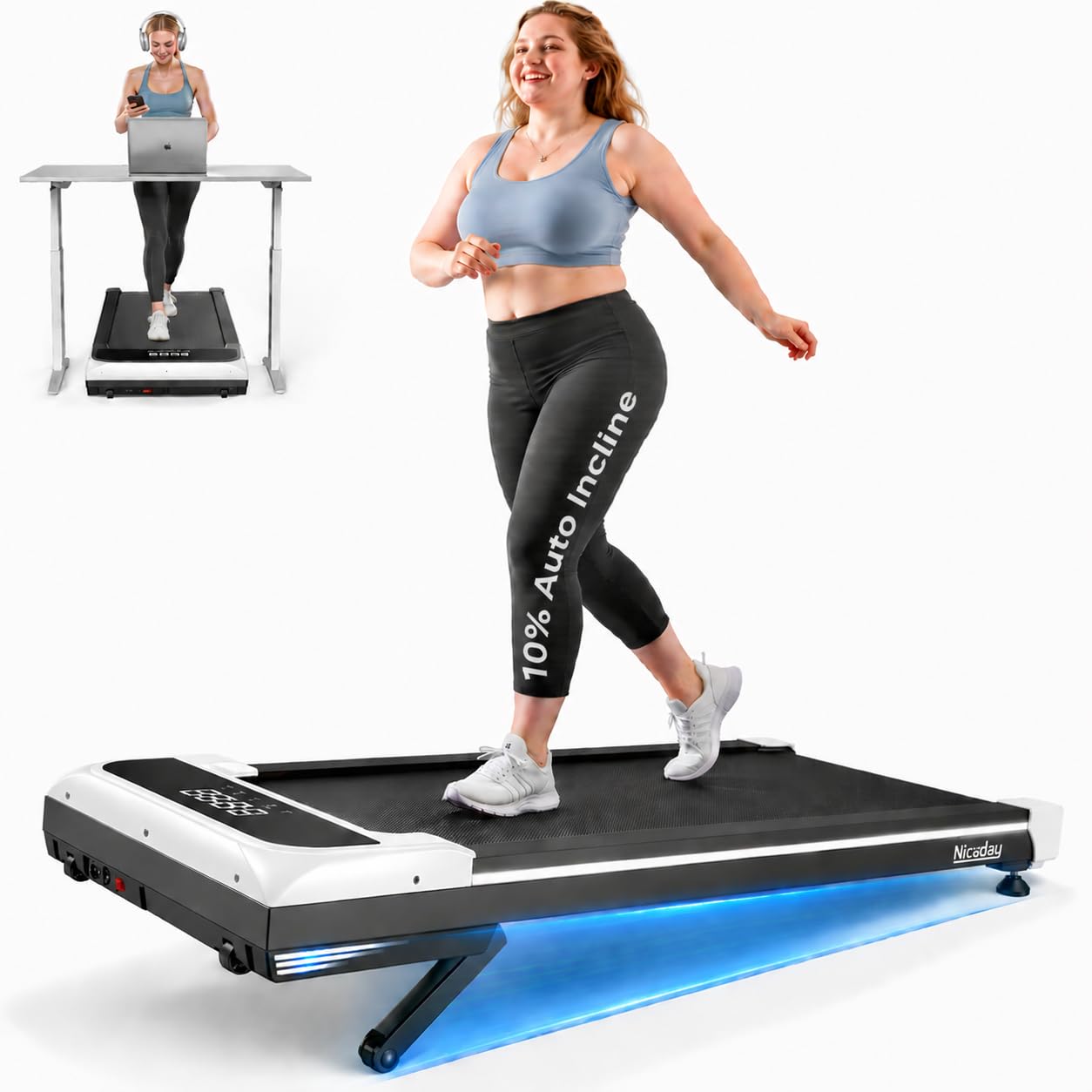 Niceday Walking Pad Treadmill with 10% Auto Incline, 400lbs Capacity, Under Desk Treadmill for Home Office, 3HP Super Quiet, Magnetic Remote & Preset Goal, White